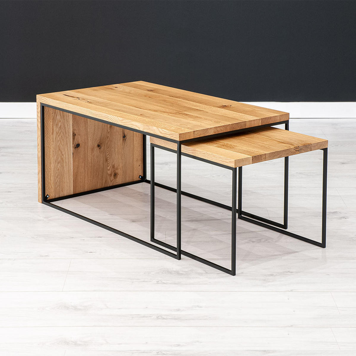 COUCHTISCH Mate -Set aus massivem Eichenholz - Eichefarben/Schwarz, Holz/Metall (100/60/50cm) - Danzz