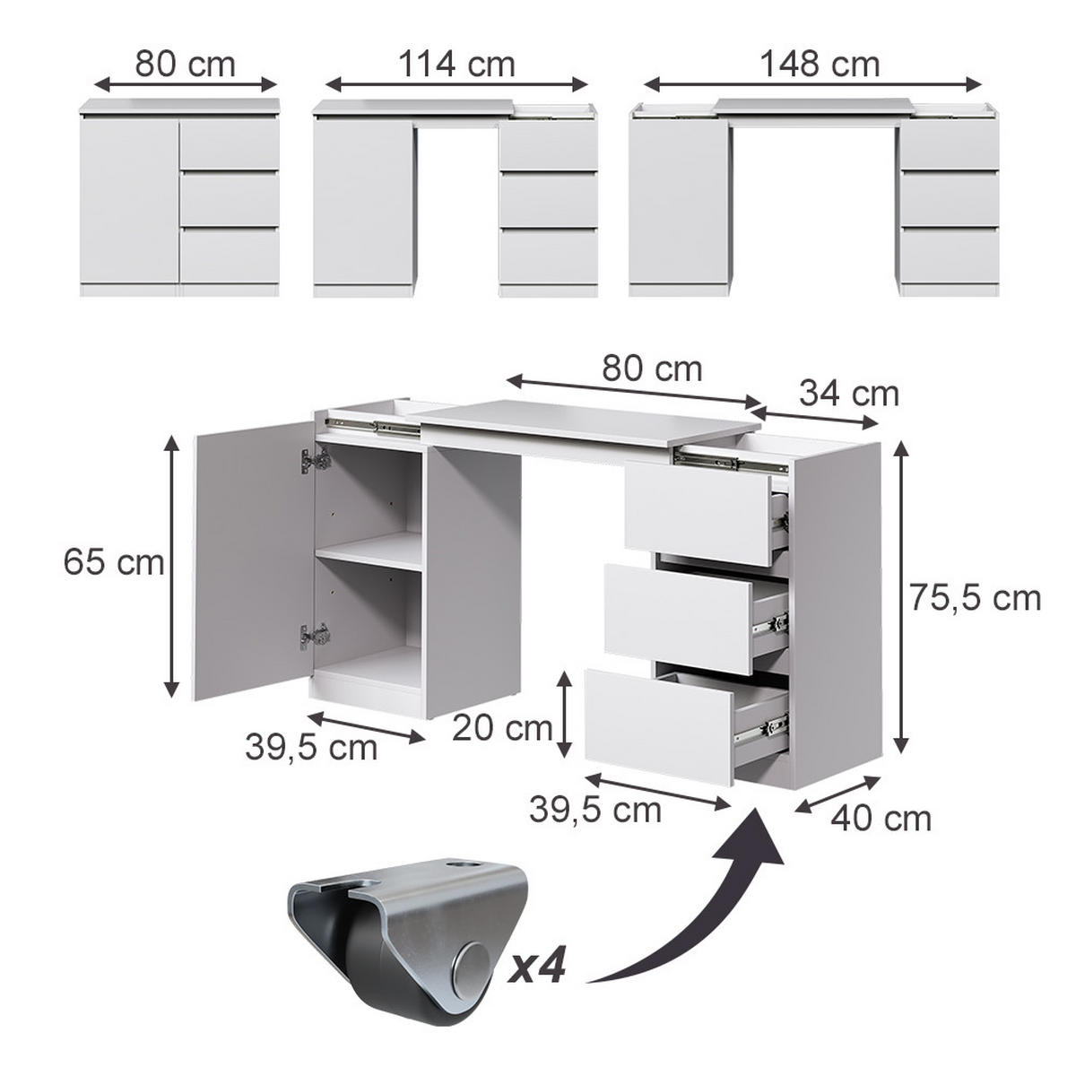 KOMMODE MIT SCHREIBTISCHFUNKTION Varino, Weiß, 80 x 75.5 cm ausziehbar - Weiß, Holzwerkstoff (80/75.5/40cm) - Vicco