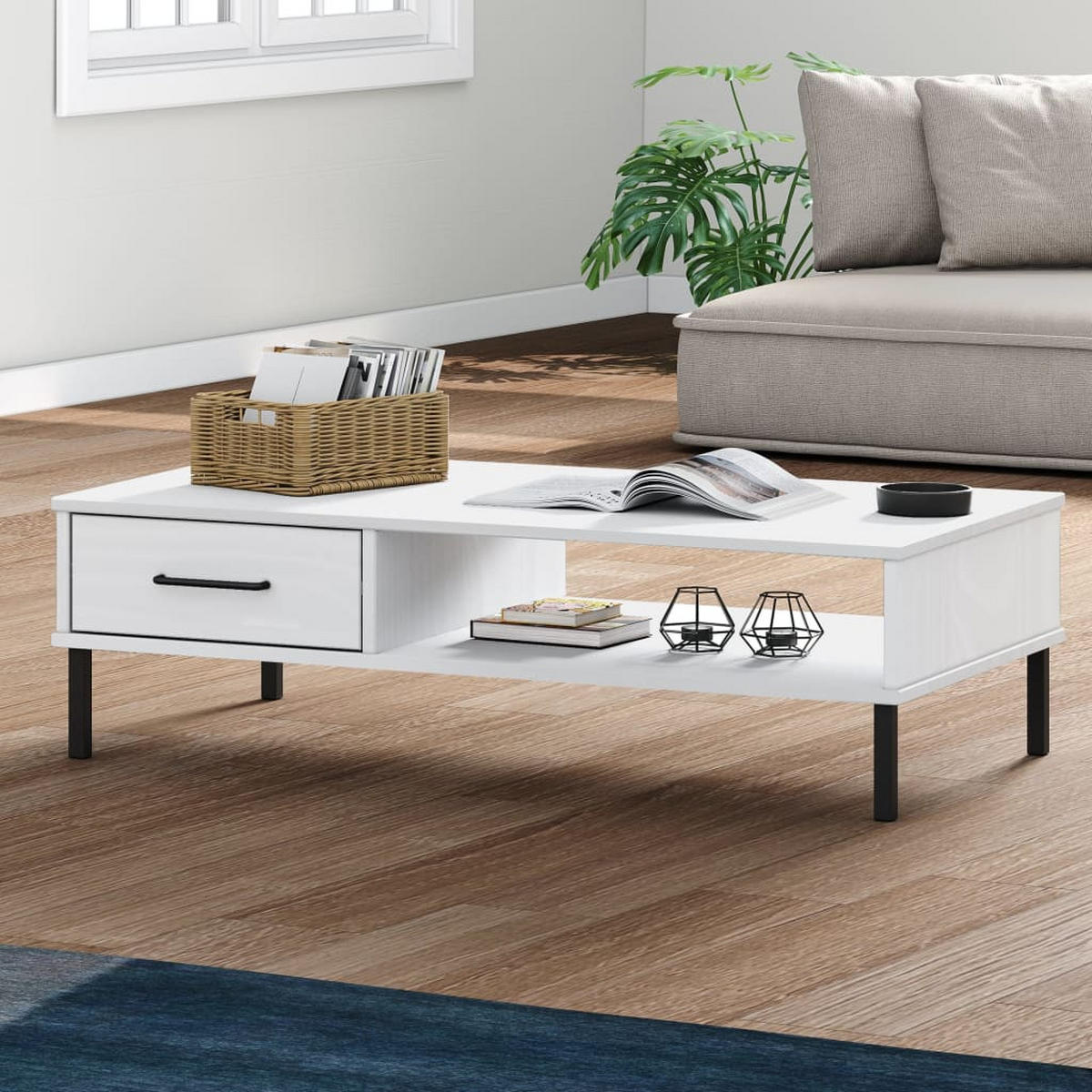COUCHTISCH OSLO mit Metallbeinen Weiß Massivholz Kiefer - Weiß, Holz (100/55/29cm) - furnicato