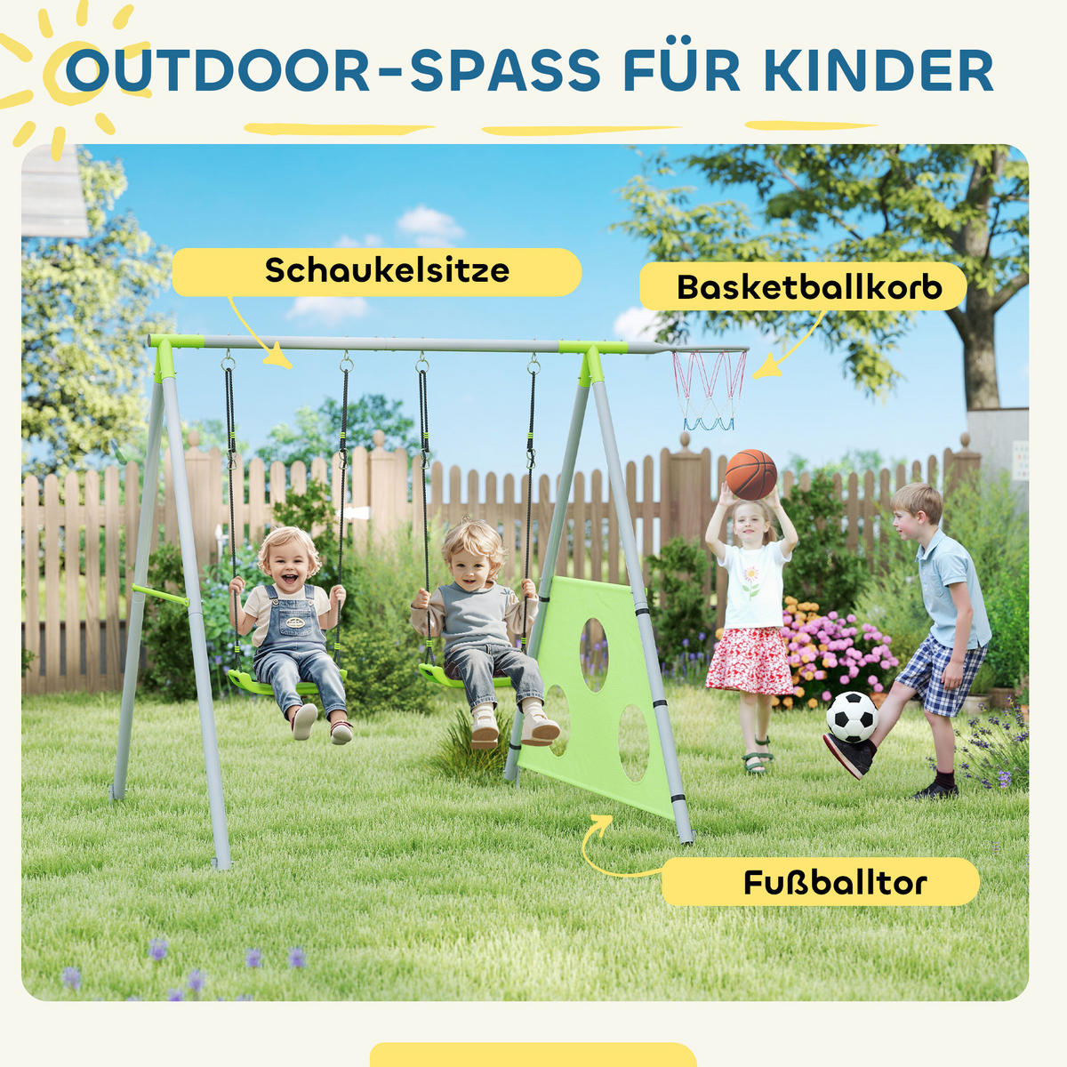SCHAUKELGESTELL Outdoor Schaukelgerüst mit Schaukel, Basketballkorb, Fußballtor - Grün, Metall (180/238cm) - AIYAPLAY