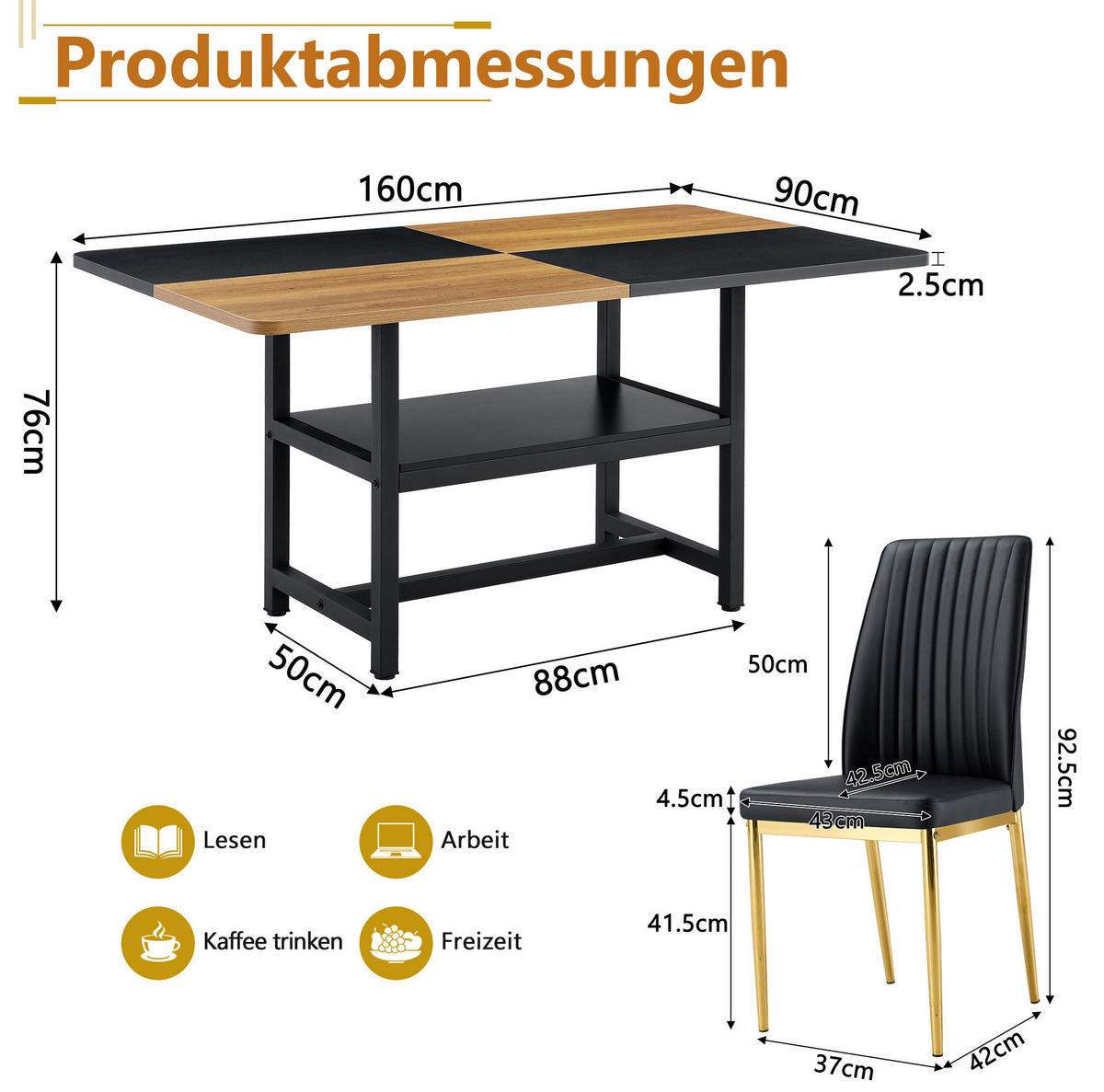 ESSTISCH-SET 4er-Set 160 cm Schwarz/Gold - Schwarz, Metall (90/76/160cm) - Meubliv