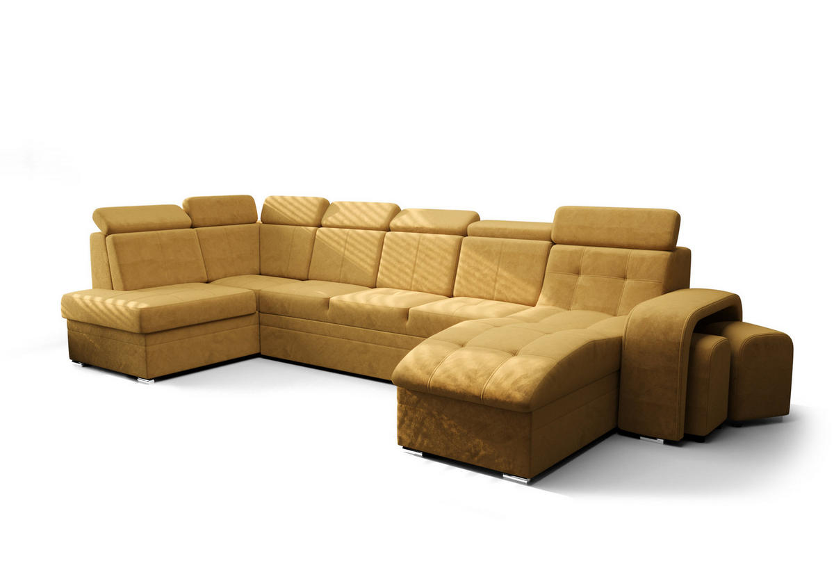 WOHNLANDSCHAFT KONGO RBN13, Eckcouch in U-Form mit Schlaffunktion, Farbe: Gelb, Velourstoff, Ottomane Rechts - Gelb, Textil (392/108/180cm) - O-Sofa