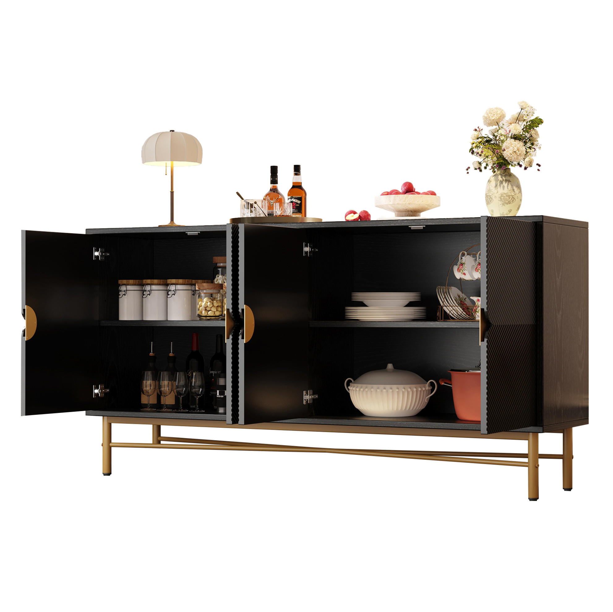 SIDEBOARD 160/40/82 cm Schwarz aus MDF und Spanplatte mit 4 Türen, Soft-Close und Goldakzenten - Schwarz, Holzwerkstoff (40/82/160cm) - OKWISH