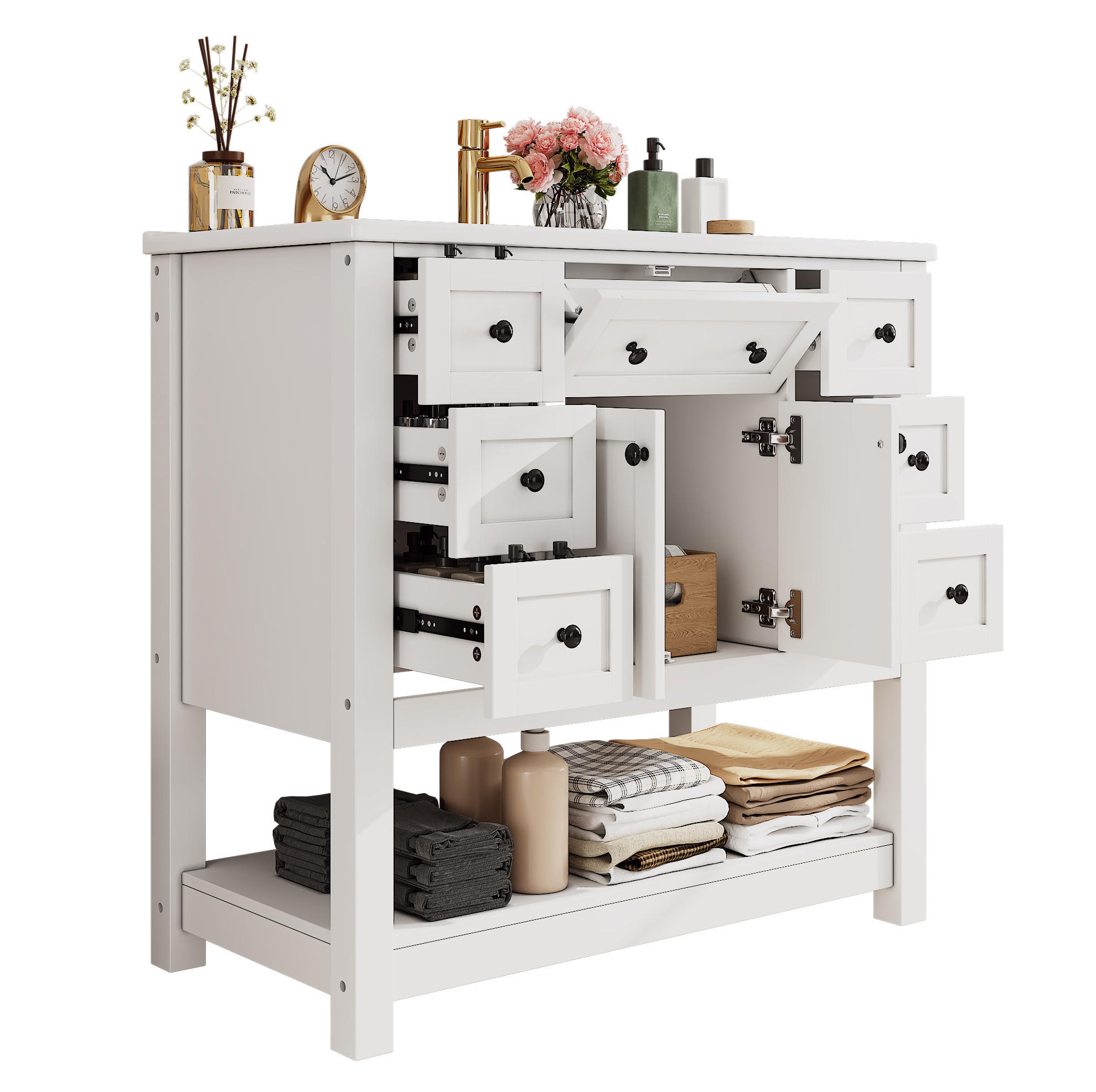 WASCHTISCH aus MDF und Keramik 91,5x46,5x90 cm Weiß mit integriertem Keramikbecken und Stauraum - Weiß, Keramik (91.5/90/46.5cm) - Modfu
