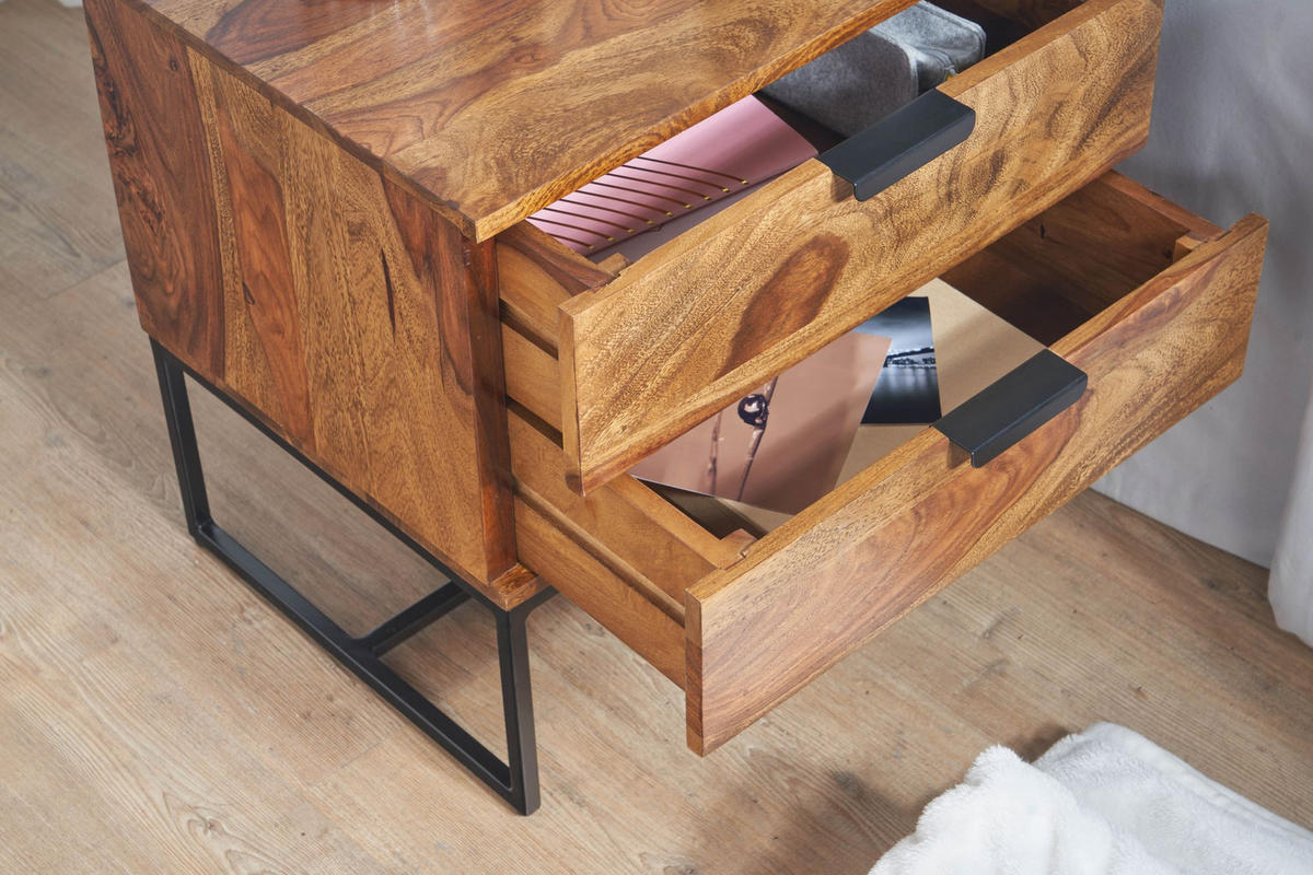 NACHTTISCH – Massivholz/Eisen, 50x40x51 cm, 2 Schubladen, Industrial-Stil - Schwarz/Braun, Holz/Metall (50/51/40cm) - KADIMA DESIGN