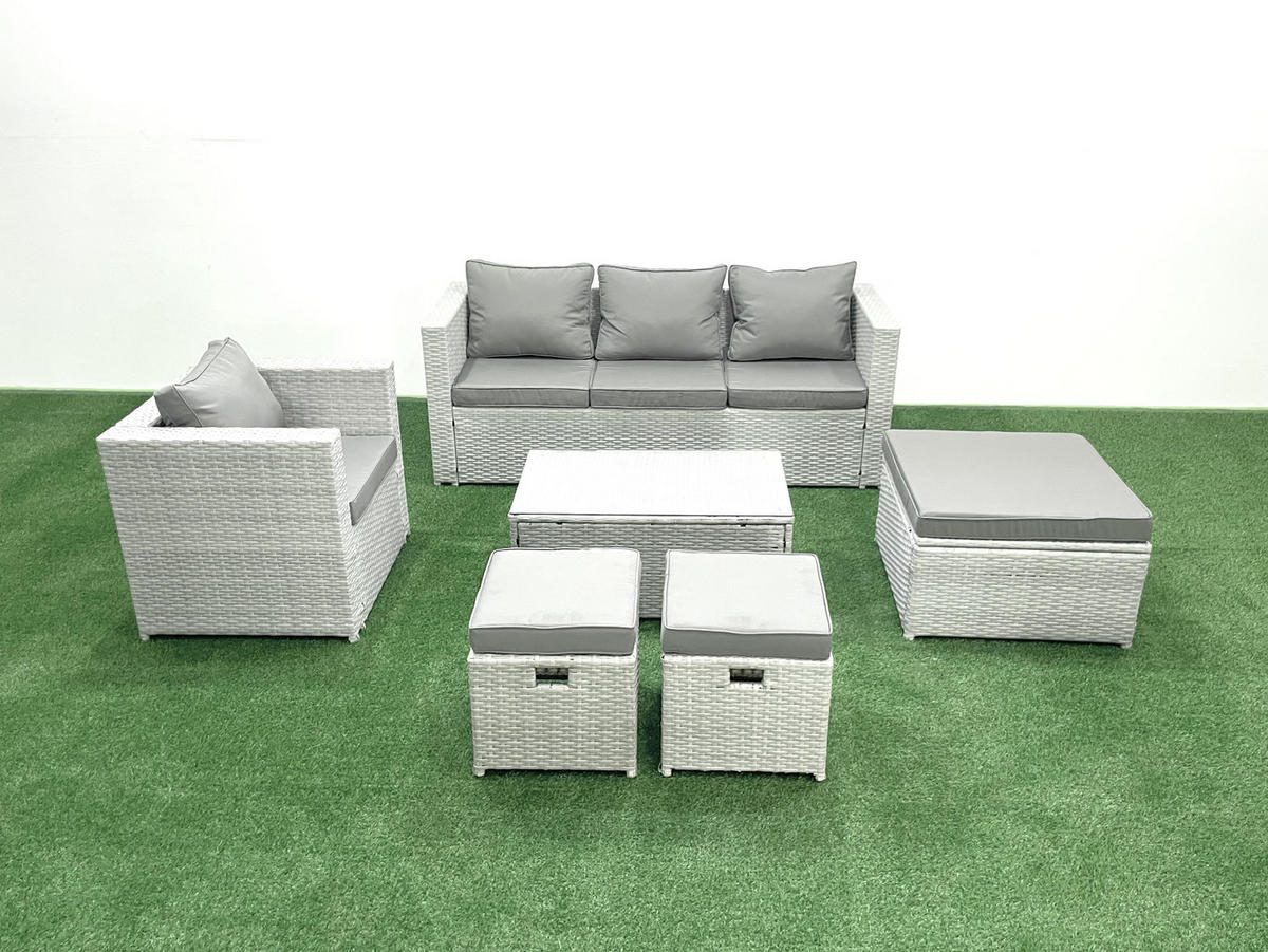 GARTENMÖBELSET mit 3-SITZER SOFA,COUCHTISCH Polyrattan Hellgrau-Mix 7-Sitzer - Hellgrau/Grau, Glas/Kunststoff - Fimous