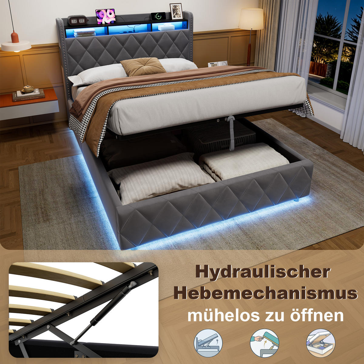 ČALOUNĚNÁ postel 140/200 cm tmavě šedá ze sametu, dřeva a kovu s hydraulickým úložným prostorem, LED osvětlením a nabíjecími konektory - tmavě šedá, textil (140/200cm) - OKWISH