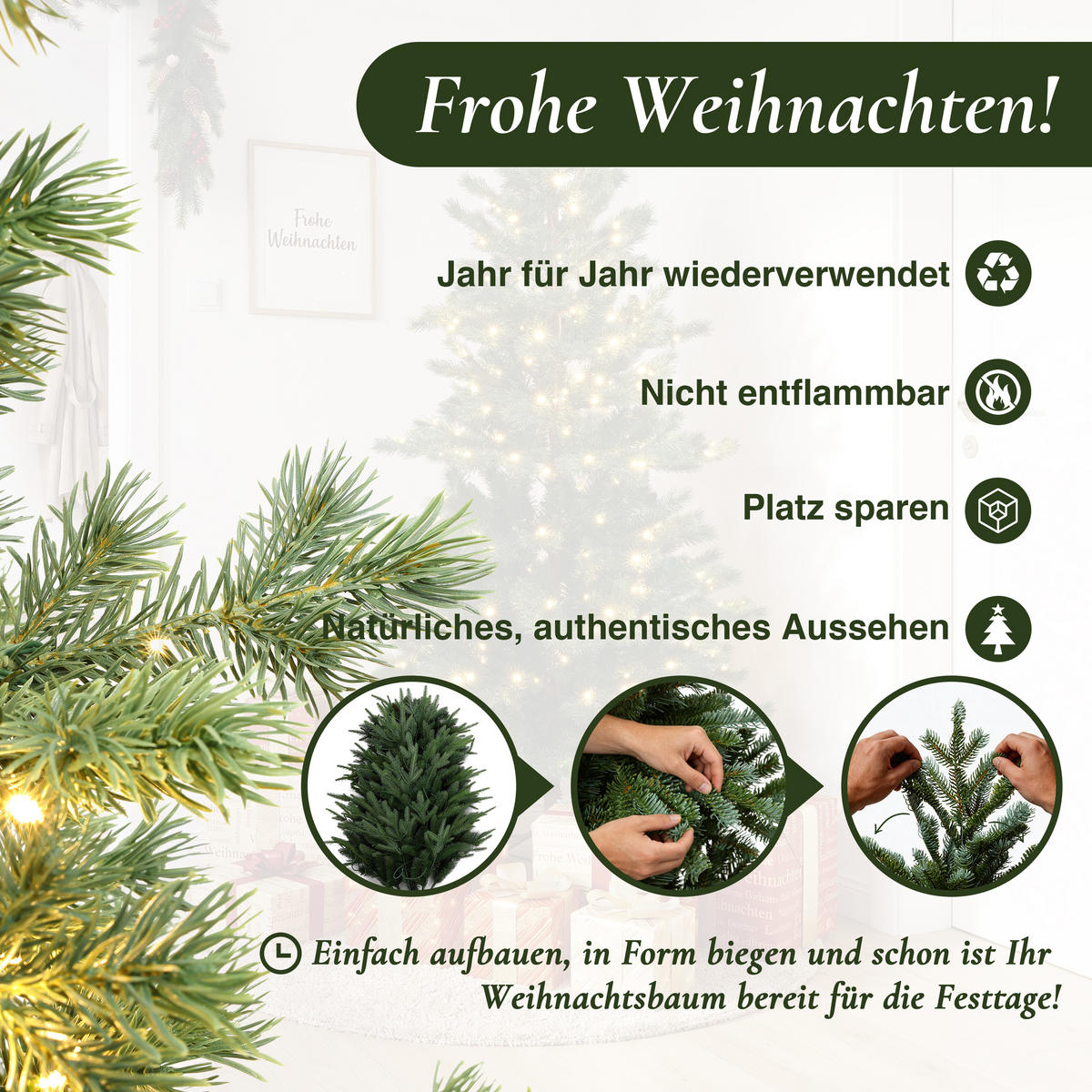 WEIHNACHTSBAUM 150 cm mit Beleuchtung, 1.068 PE-/PVC-Spitzen，250 LEDs - Grün, Kunststoff (150cm) - Hometopia