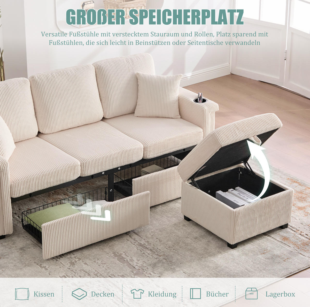 SOFA Corduroy mit LED und USB-Anschluss Stauraumschubladen auf Rollen 194/73/81 cm Beige - Beige, Textil (73/194cm) - Redom