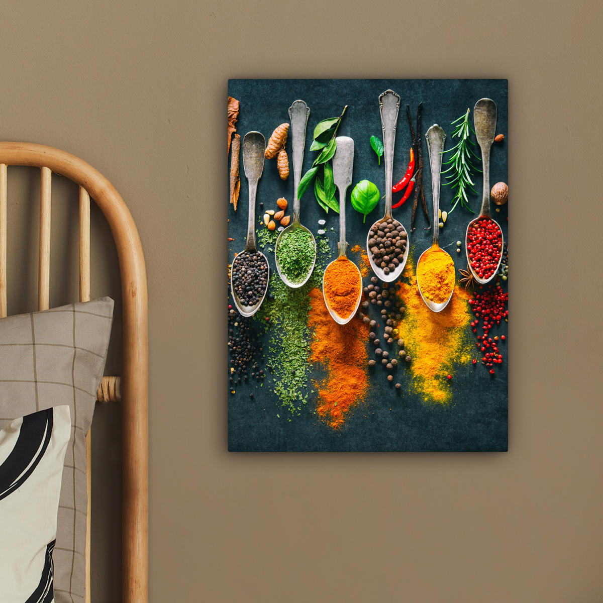LEINWANDBILD Kräuter - Gewürze - Löffel 30x40 cm - Currygelb, Textil (30/40cm) - MuchoWow