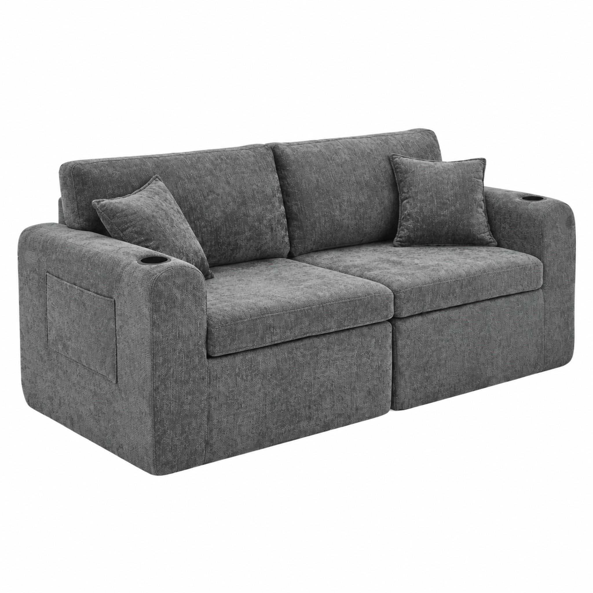 2-SITZER-RELAXSOFA mit USB und Getränkehalter Chenille Gray - Grau, Kunststoff (220/89/100cm) - Meubliv