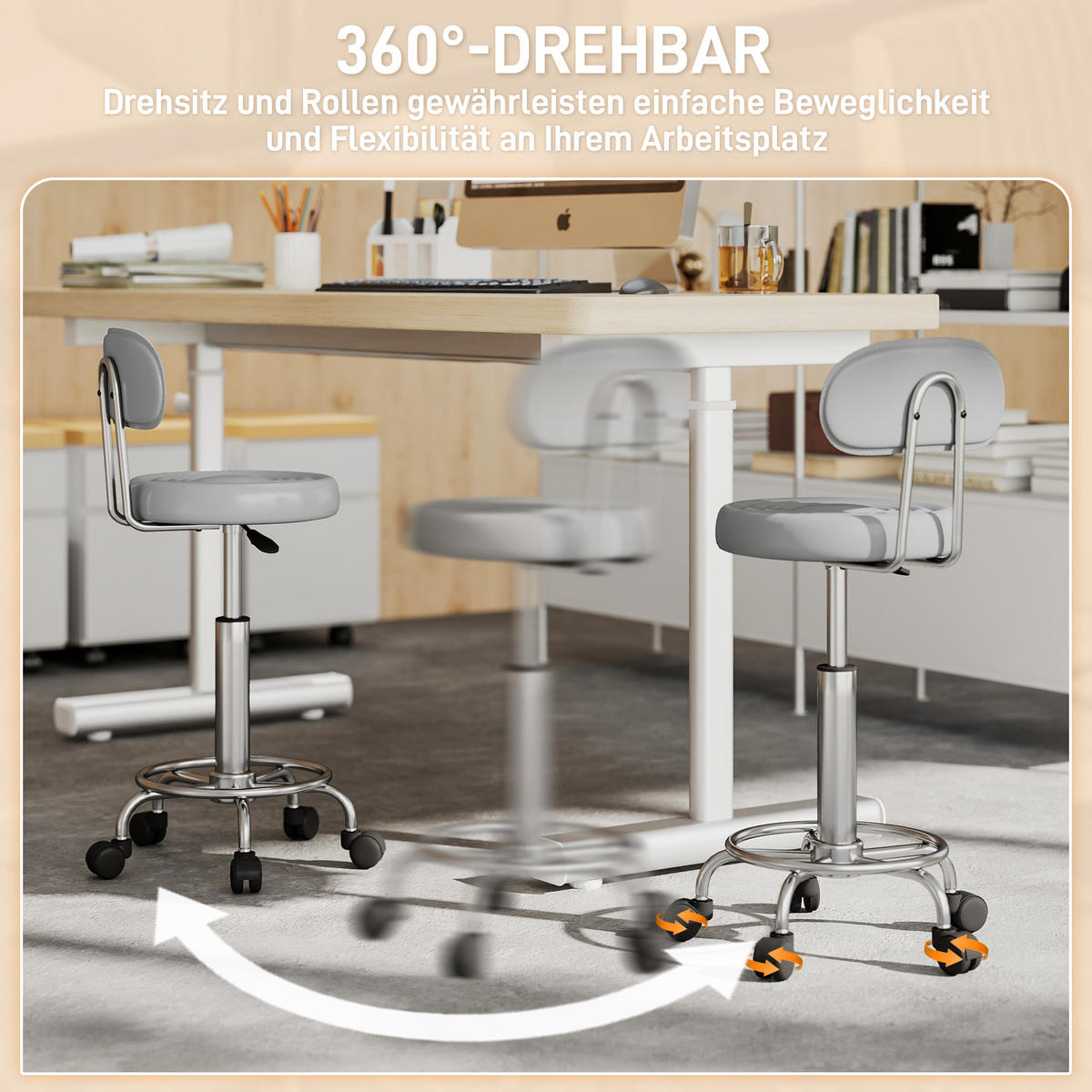 ROLLHOCKER höhenverstellbar Drehhocker Drehbar Salon Hocker mit Lehne, Rädern - Silberfarben/Grau, Kunststoff/Textil (32/86/40cm) - HOMCOM