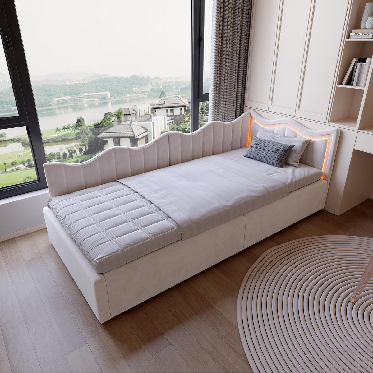 POLSTERBETT 90x200 cm LED Stauraum Kopfteil Samt beige - Beige, Holz (90/200cm) - LEBENLANG