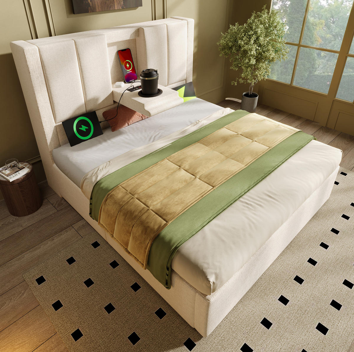 POLSTERBETT 90/200 cm Beige mit Stauraum, Matratze und USB- und Type-C-Anschlüssen - Beige, Textil (90/200cm) - Flora Grace