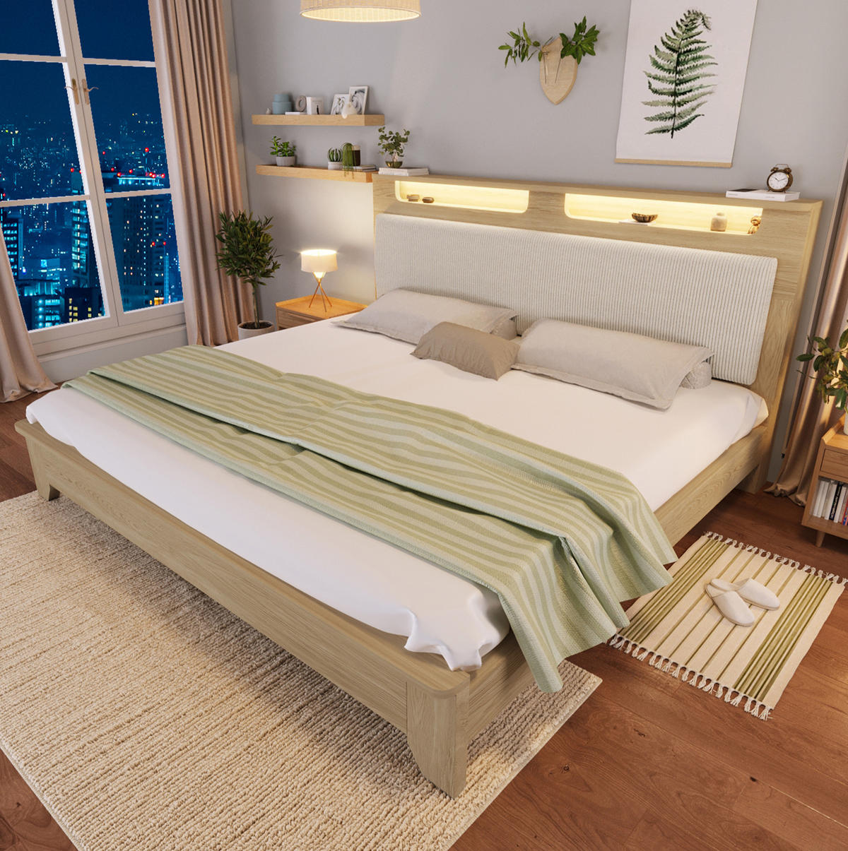 POLSTERBETT 160/200 cm mit LED-Beleuchtung und gepolstertem Kopfteil in Beige - Beige, Textil (160/200cm) - BEAOK