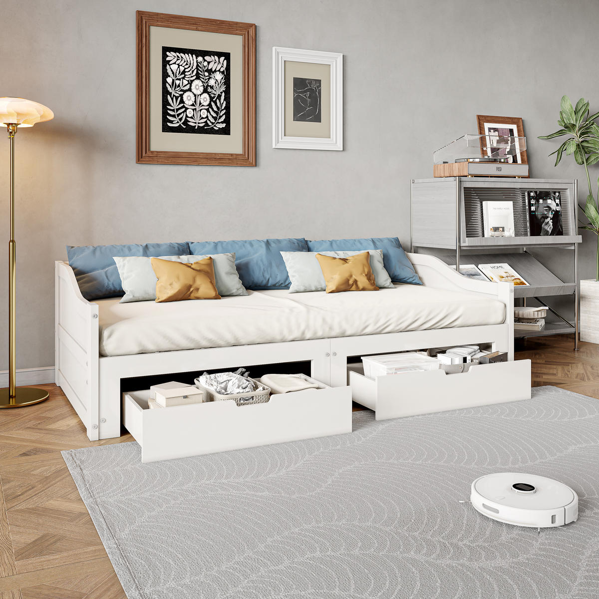 AUSZIEHBETT 90/180/200 cm aus Massivholz mit 2 Schubladen - Weiß, Holz/Metall (180/200cm) - PARAFTA HOME