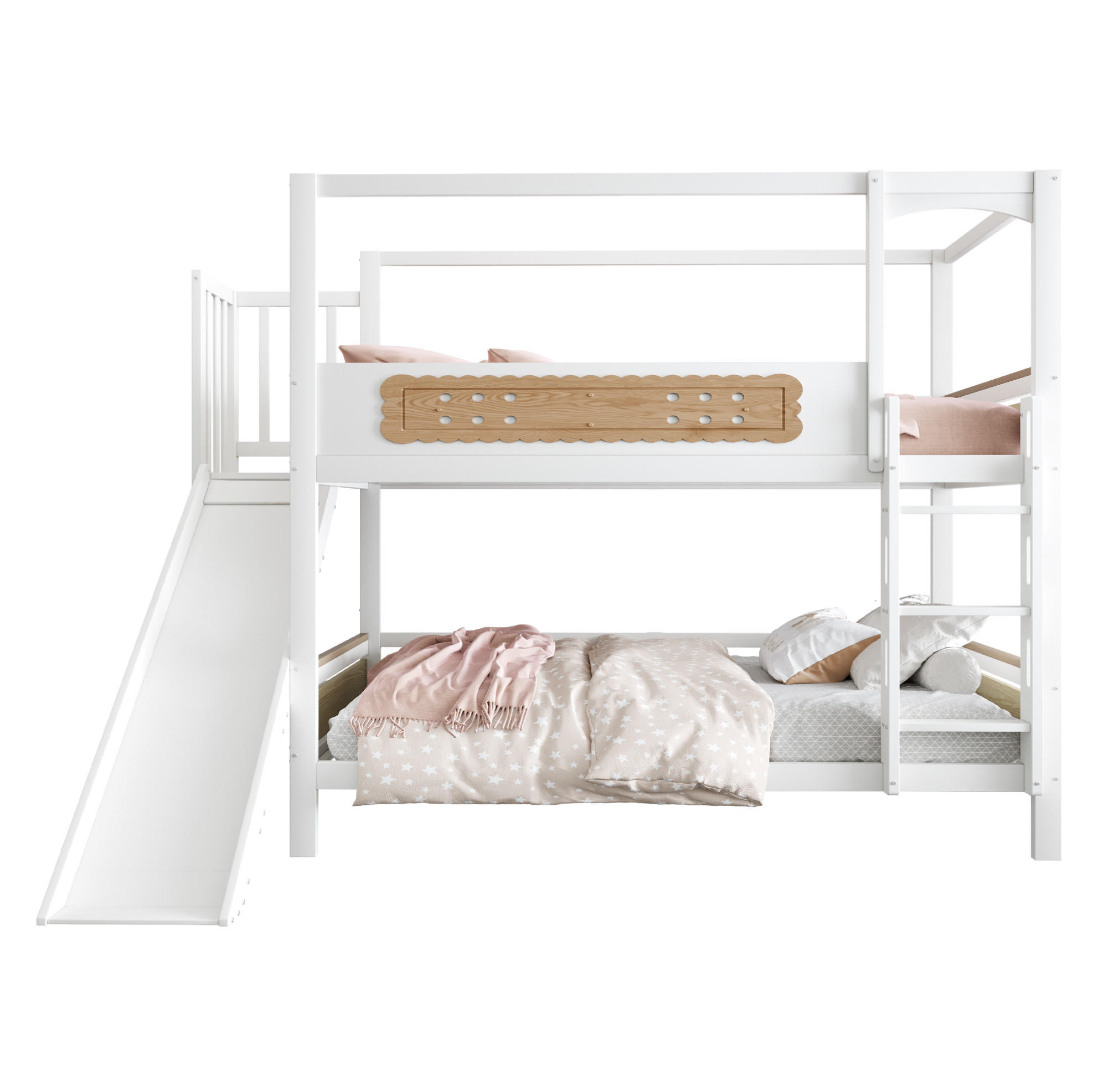OKWISH PATROVÁ postel 90/200 cm bílá a přírodní z borovice se skluzavkou a širokým žebříkem