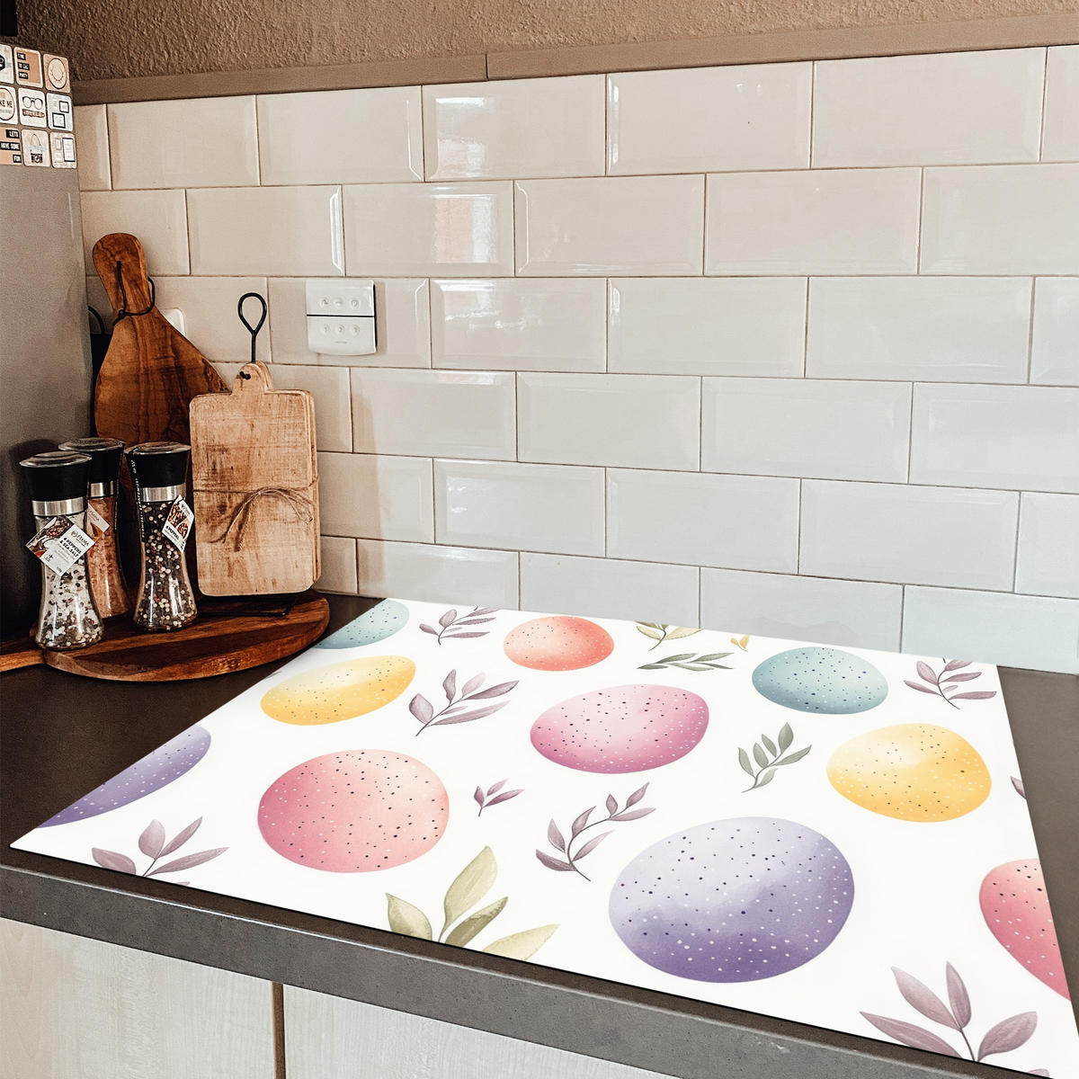 HERDABDECKPLATTE Eier - Bunt - Muster Induktionsmatte 77x59 cm - Weiß, Kunststoff (77/59/0.2cm) - MuchoWow