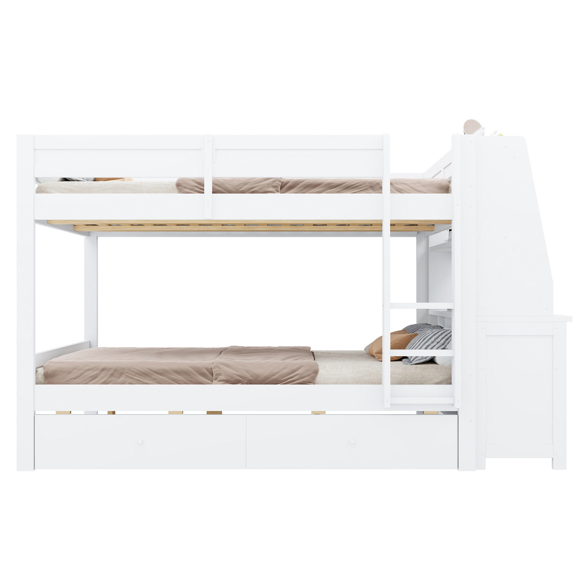 ETAGENBETT aus Kiefernholz, Metall, Sperrholz und MDF 140x200 cm Weiß mit Schreibtisch, Stauraum und Schubladen - Weiß, Holz (140/200cm) - Modfu