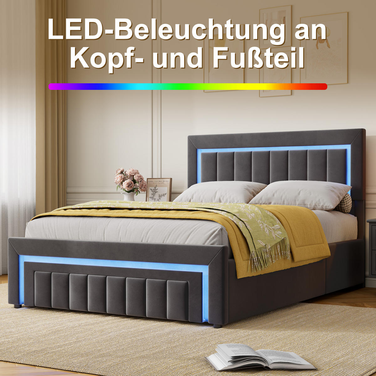 POLSTERBETT 140/190 cm mit hydraulischem Bettkasten, Schublade mit Rollen, LED-Beleuchtung, Grau - Grau, Textil (140/190cm) - Redom