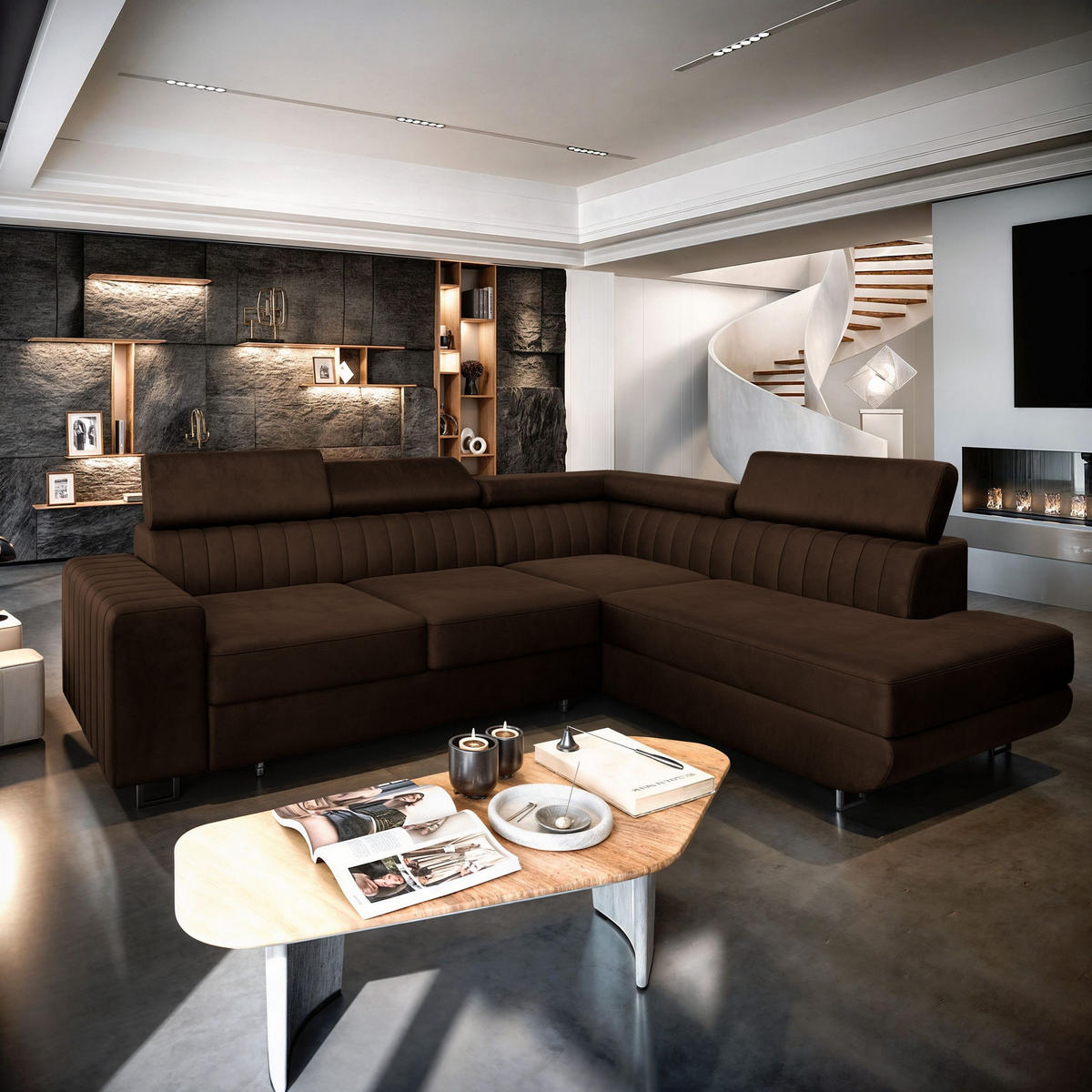 ECKSOFA NOLA R-S Braun Velours-Stoff mit Schlaffunktion - Braun, Holz (253/190cm) - MASSENO