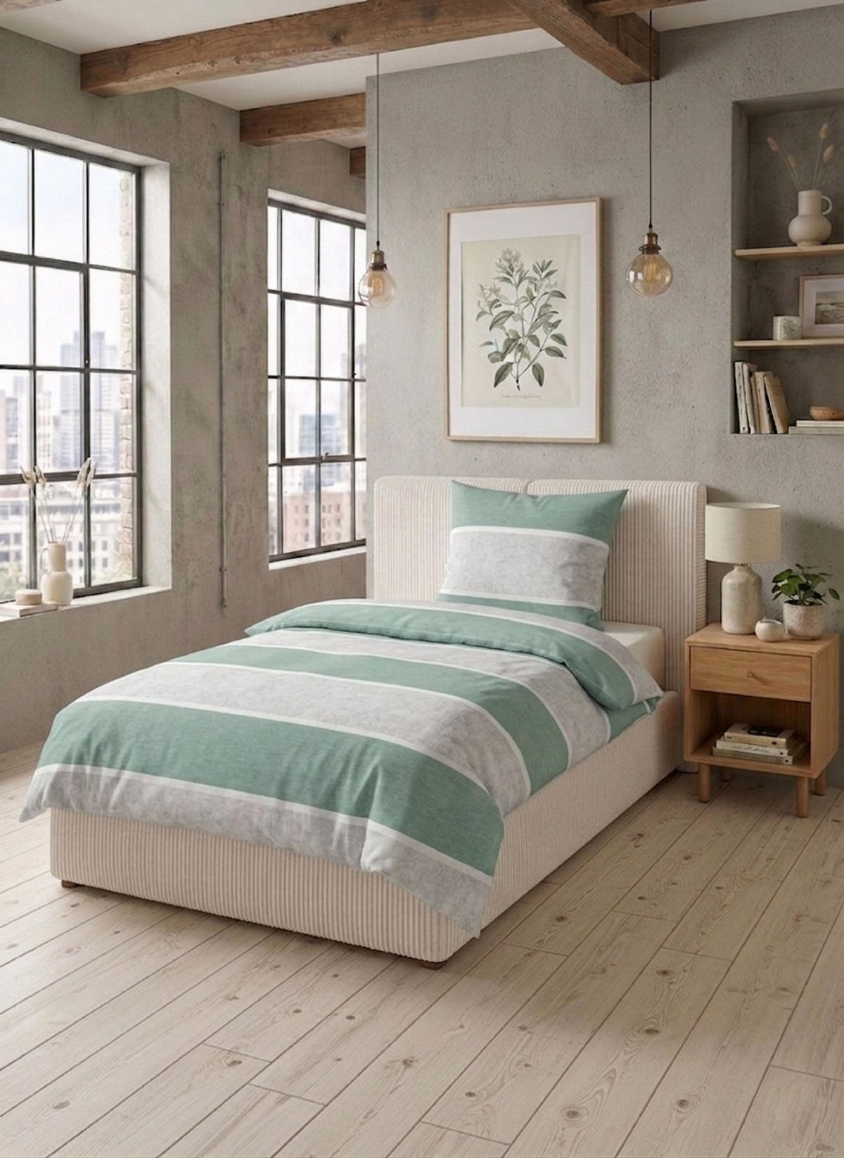 BETTWÄSCHE-GARNITUR Premium Melange Blockstreifen fichte, 155x220 cm + 80x80 cm - Dunkelgrün, Textil (155/220cm) - biberna