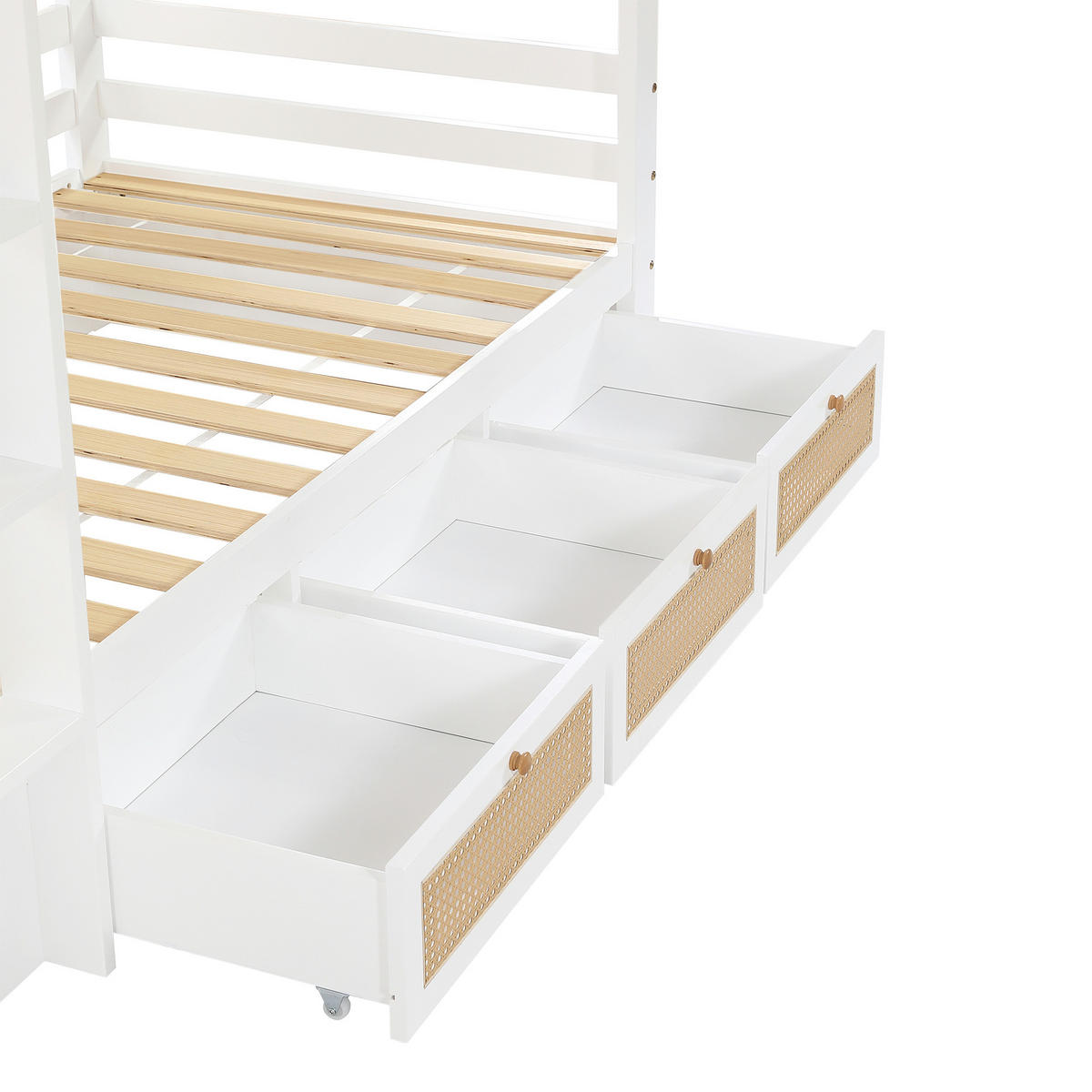 ETAGENBETT 90/200 cm DE-02325, in Weiß/Natur, mit Rattanzaun, 3 Schubladen und Sicherheitsgittern - Weiß, Holz/Holzwerkstoff (90/200cm) - ComfortXL