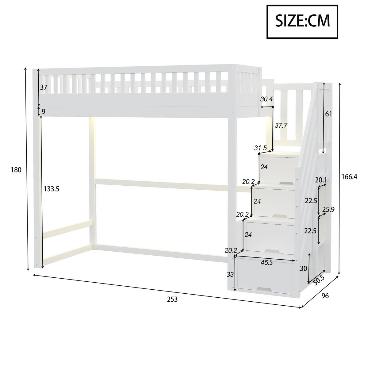 HOCHBETT 90/200 cm weiß aus Holz mit Stauraumtreppe und LED - Weiß, Holzwerkstoff (90/200cm) - OKWISH