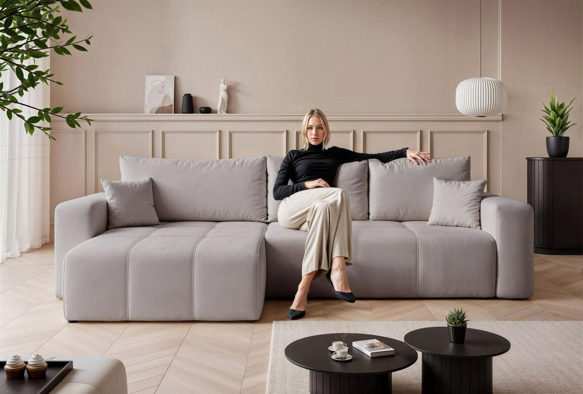 ECKSOFA Leros Xl Mit Schlaffunktion - Hellgrau, Holzwerkstoff/Textil (278/145cm) - Fun Möbel