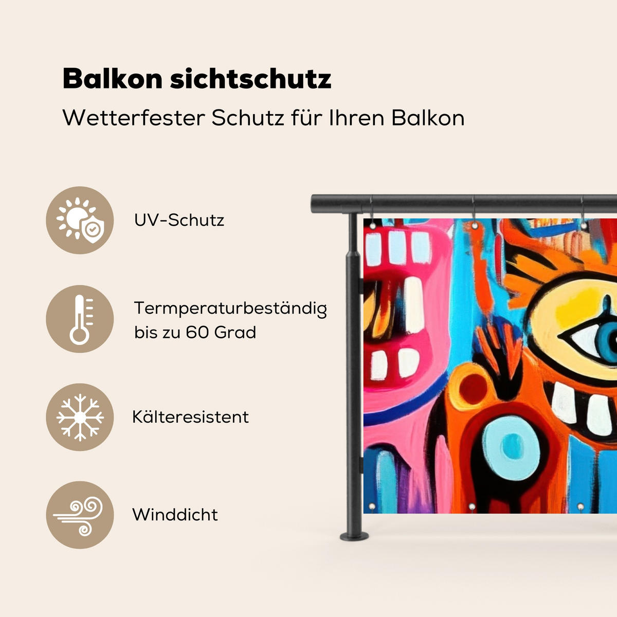 BALKON-SICHTSCHUTZ Abstrakt - Gesicht - Farbenfroh - Multicolor, Kunststoff (300/100cm) - MuchoWow