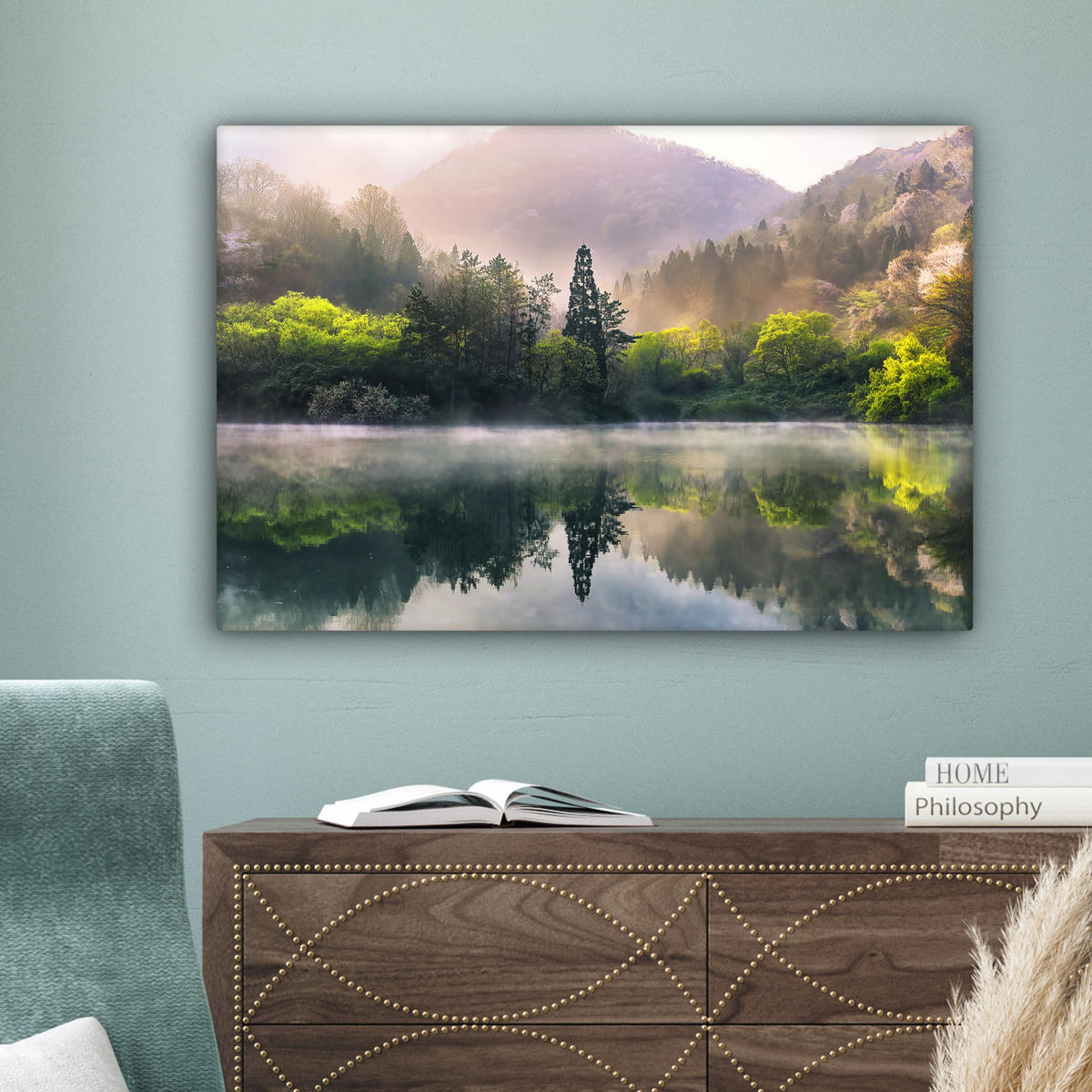 LEINWANDBILD Natur - Bäume - Berge - See - Wasser Wanddeko 90x60 cm - Hellgrün, Textil (90/60cm) - MuchoWow