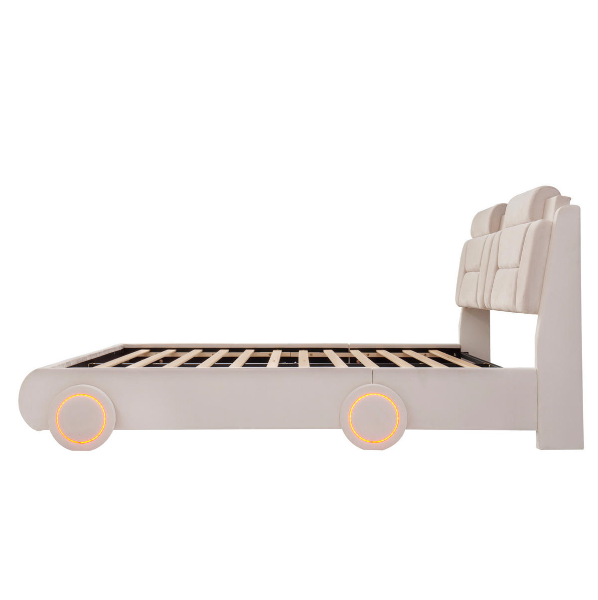 KINDER-POLSTERBETT aus Flanell 140x200 cm Beige im Auto-Design mit höhenverstellbarem Kopfteil - Beige, Textil (140/200cm) - Modfu