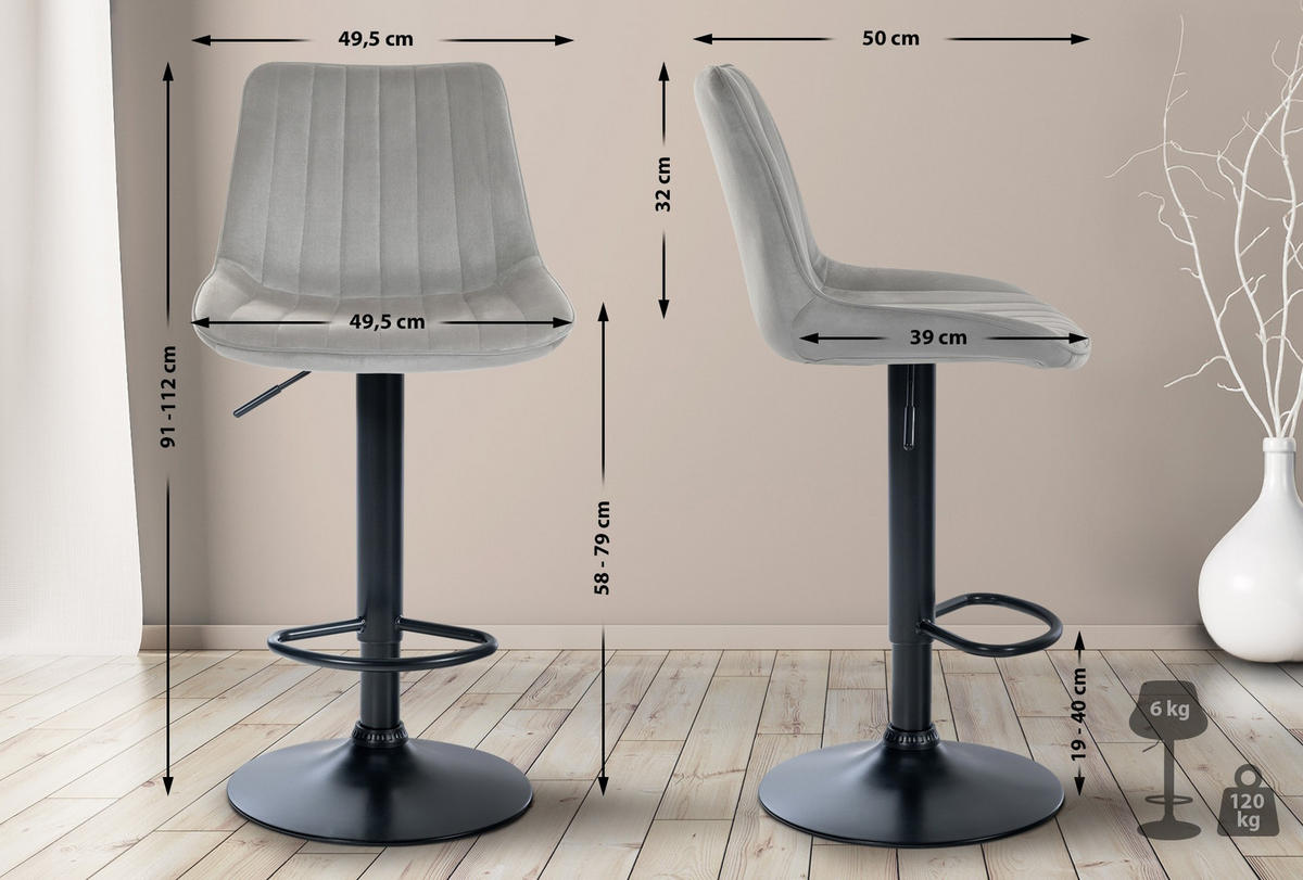 BARHOCKER 2er Set Samt Grau - Grau, Textil/Metall (49.5/91/50cm) - CLP