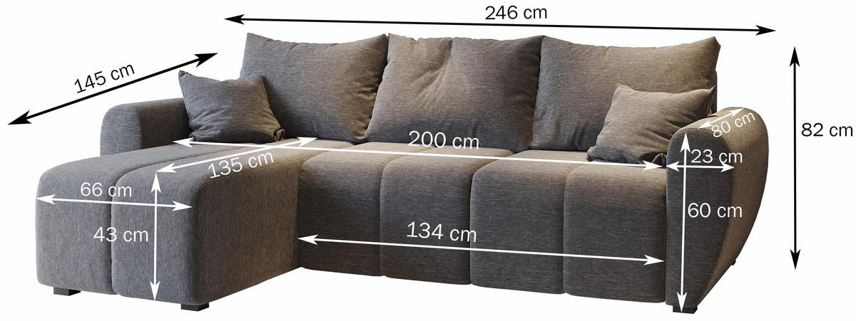 ECKSOFA MADISON Schwarz Plüsch-Stoff mit Schlaffunktion - Schwarz, Holz (246/143cm) - MASSENO
