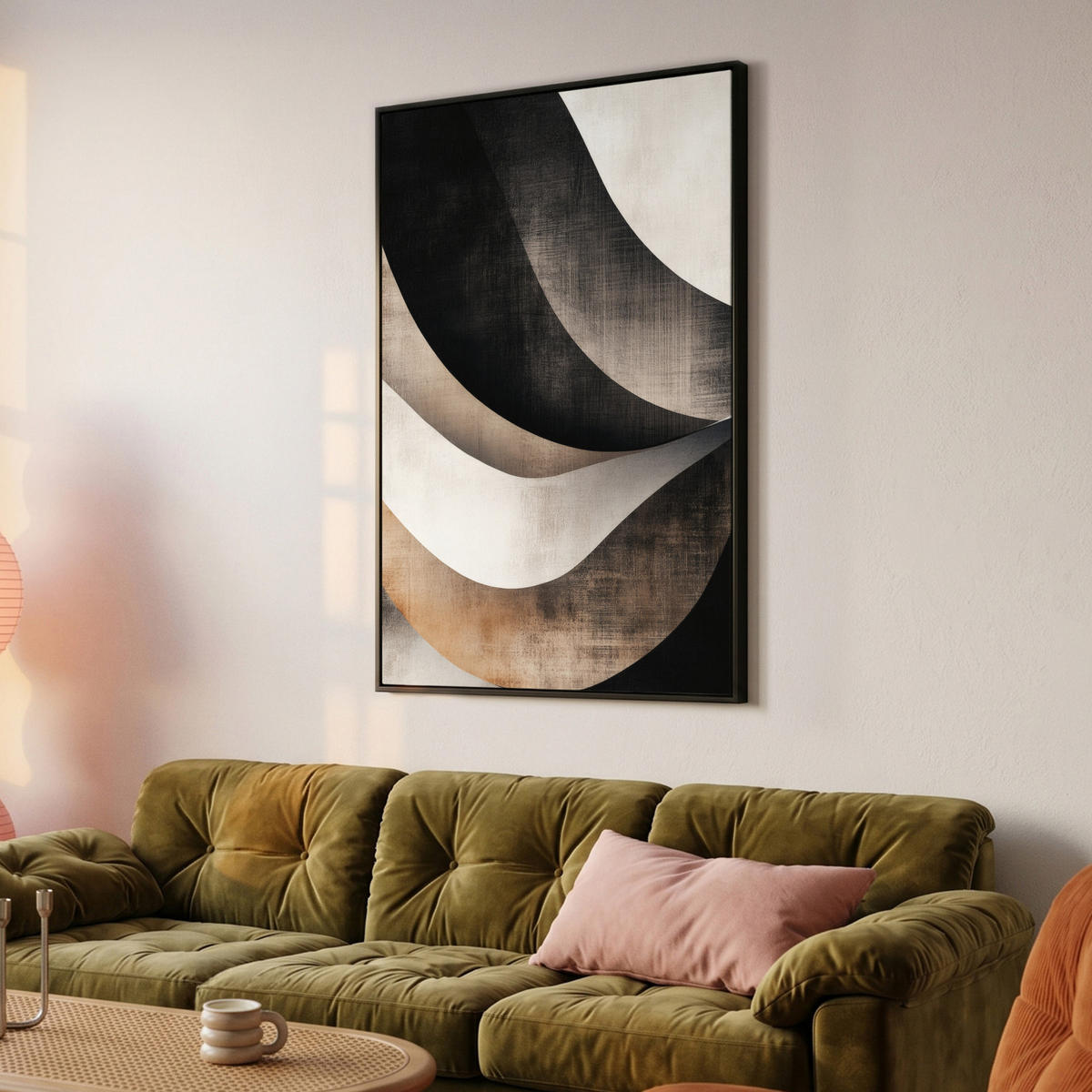 LEINWAND Bilder mit Rahmen - Abstrakt - Wellen - Schwarz - Verwittert - 100x150 - Trüffeleichefarben, Textil (100/150cm) - MuchoWow