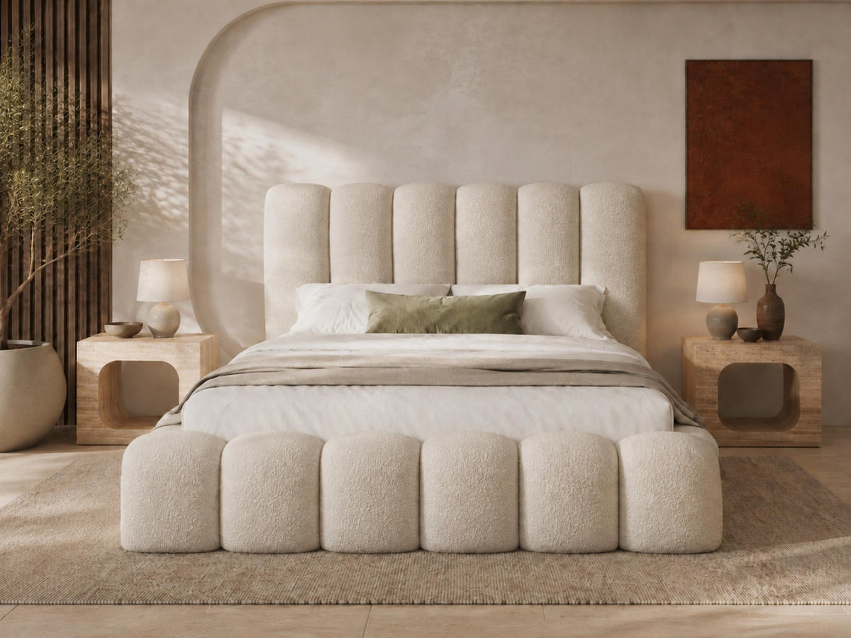 POLSTERBETT MELLOW 200x200 cm in Creme, gepolstertes Kopfteil, Lattenrost, Bettkasten, Bouclé-Stoff - Ecru, Holz/Textil (200/200cm) - EMLAR Home