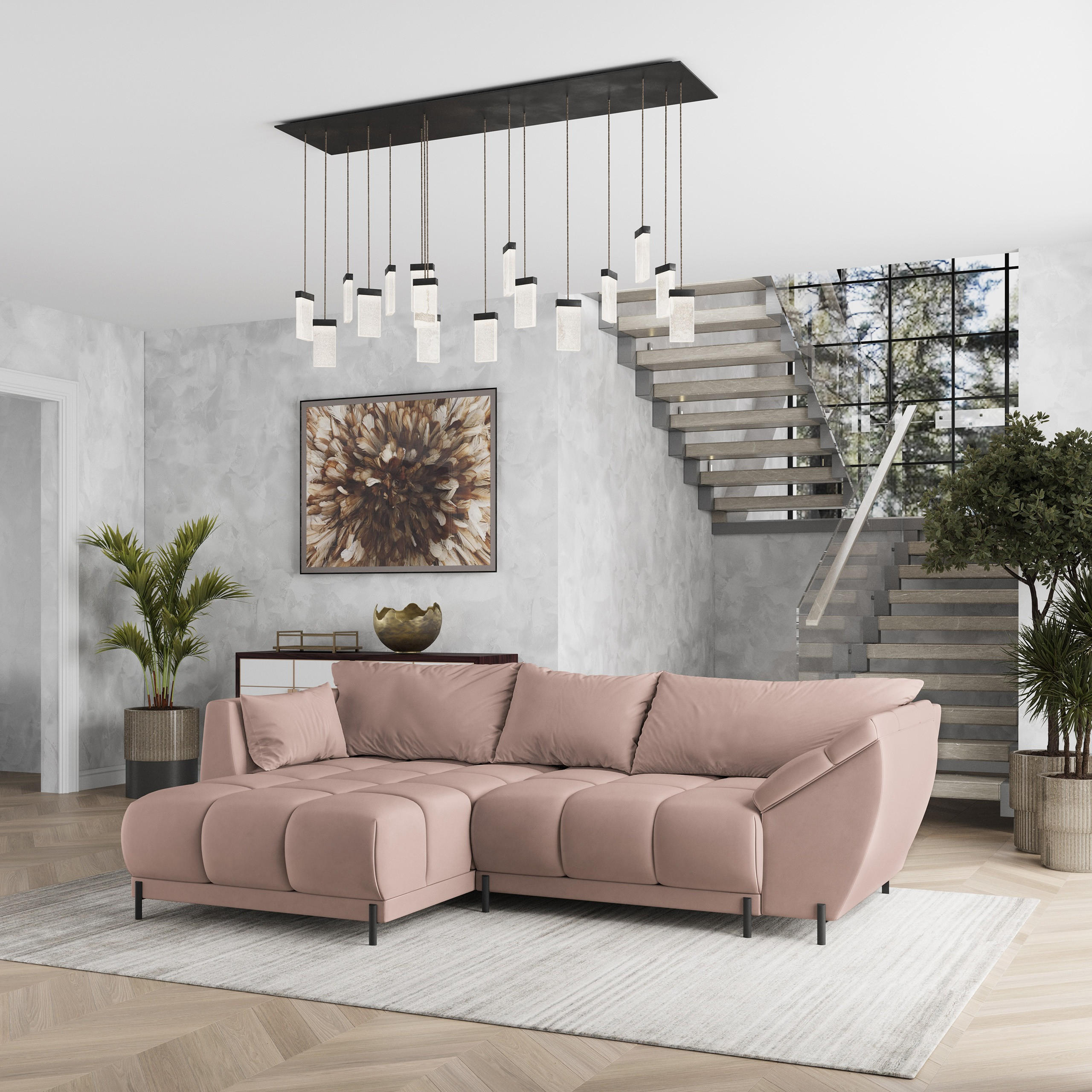 ECKSOFA VESTANO L-S Rosa Velours-Stoff mit Schlaffunktion - Rosa, Holz (287/182cm) - MASSENO