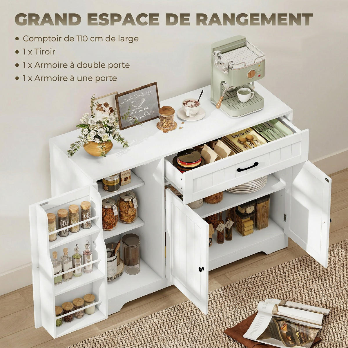 SIDEBOARD Weiß, 3 Türen, 1 Schublade, 110/40/80 cm - Weiß, Holz (110/80/40cm) - PANGIVO