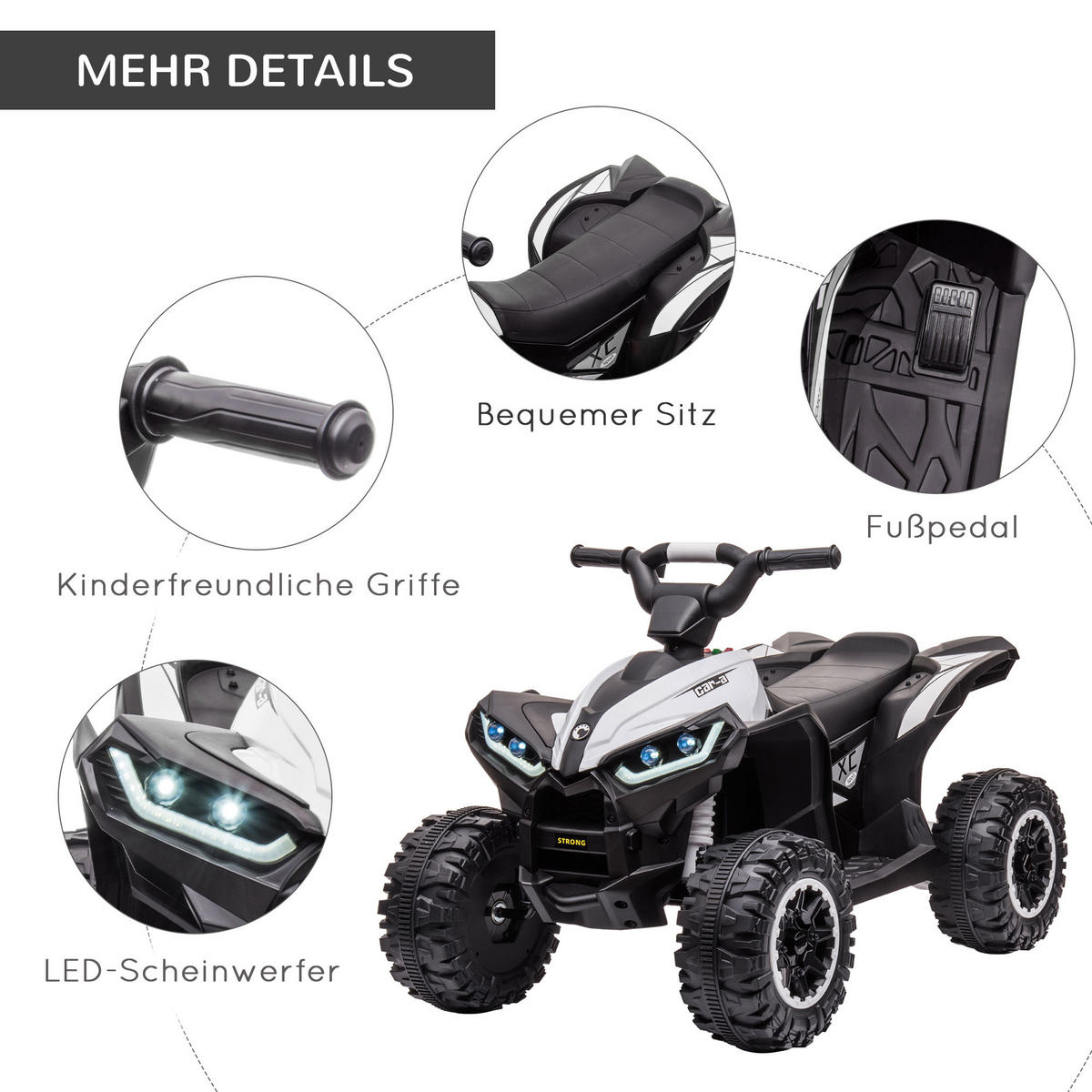 MINI ELEKTRO-QUAD KINDER, Schwarz+Weiß, Kunststoff+ Metall - Schwarz, Metall (83/53/55.5cm) - HOMCOM