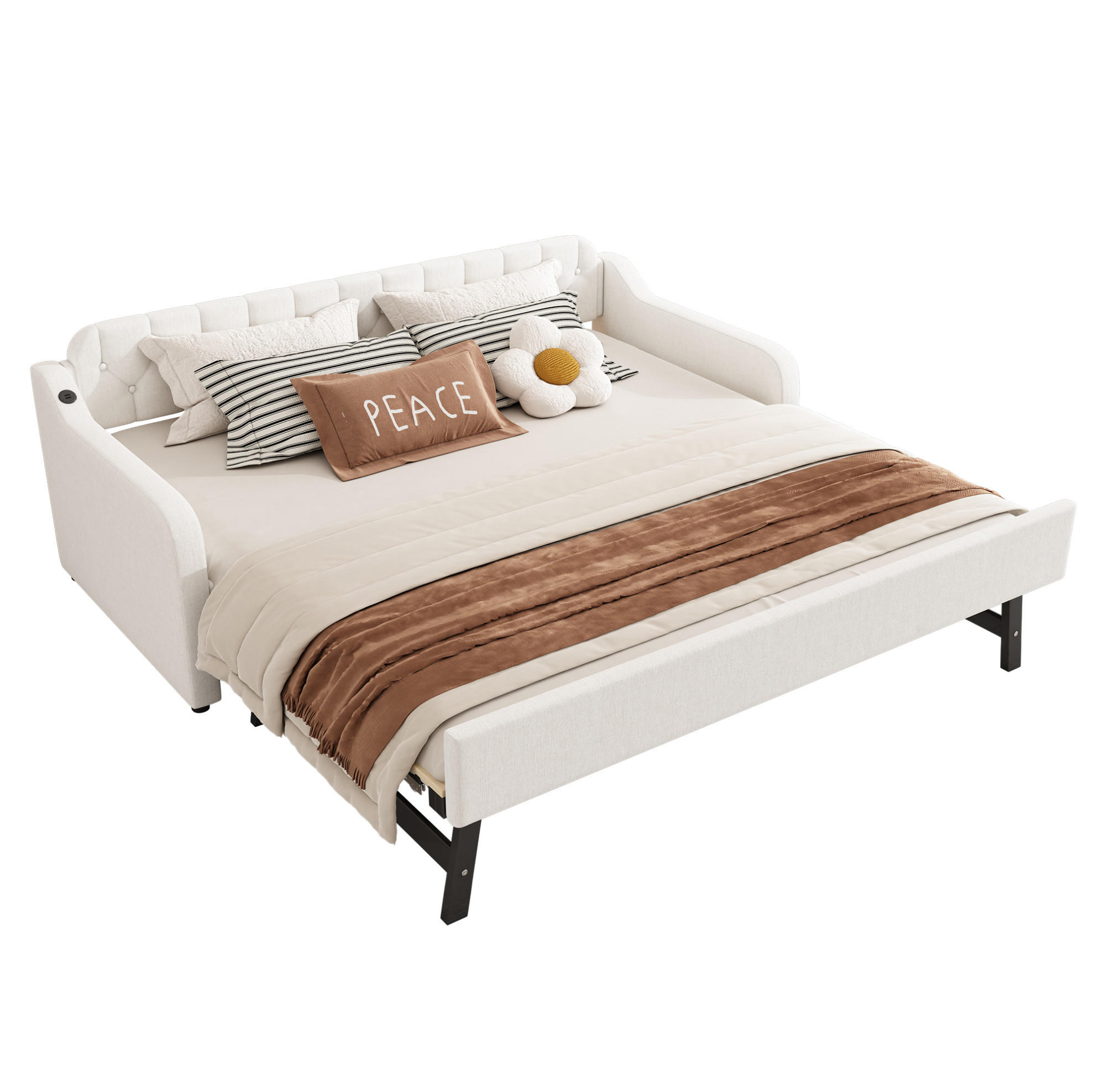 POLSTERBETT aus Leinen 90x200 cm Beige mit Ausziehbett, USB-Anschluss und schlichtem Design - Beige, Textil (90/200cm) - Modfu