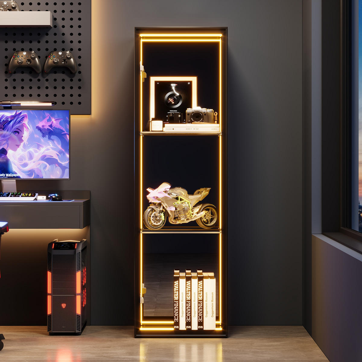 VITRINE in Schwarz Aufbewahrungsschrank mit verstellbare Einlegeböden, Scharniere mit Soft-Close-Funktion, 30/30/90 - Transparent/Naturfarben, Glas/Holzwerkstoff (30/90/30cm) - STILVORA