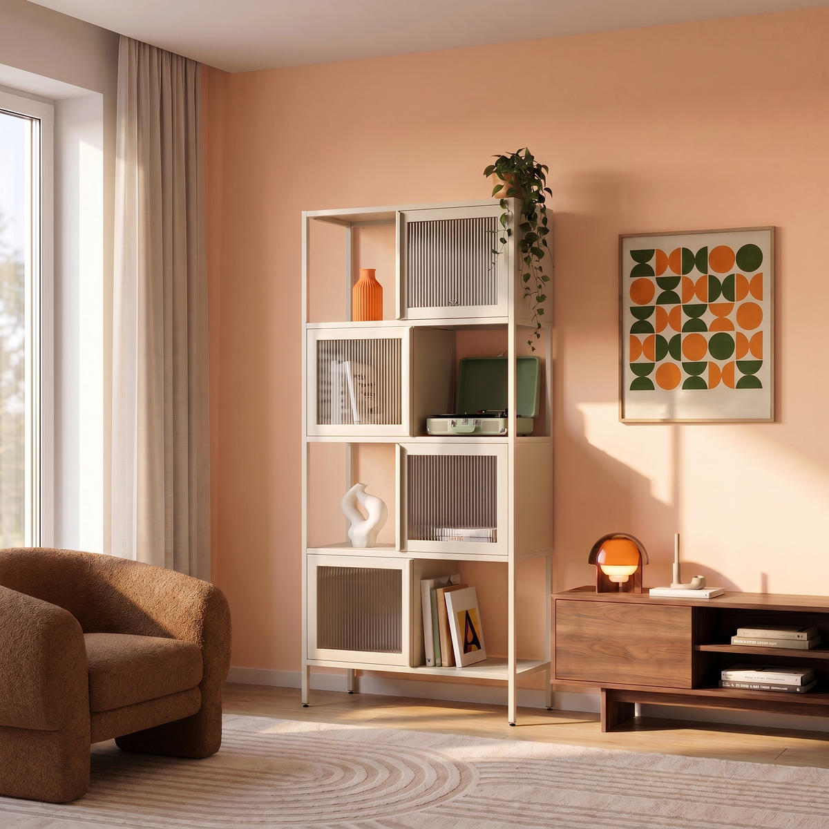 METALLREGAL industriell, 170 cm hoch, 4 Türen, 4 Fächer, beige und geriffeltes Glas - Beige, Metall (80/170/35cm) - Sicaan