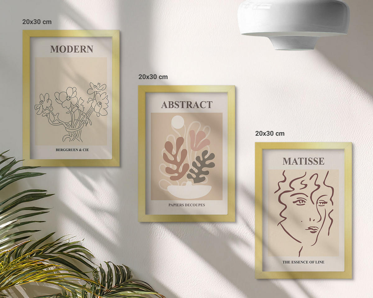 WANDBILDER 3er Set - 20x30 cm Goldrahmen - Moderne Pflanzenlinien - Goldfarben, Kunststoff (20/30cm) - ArtPrintCave