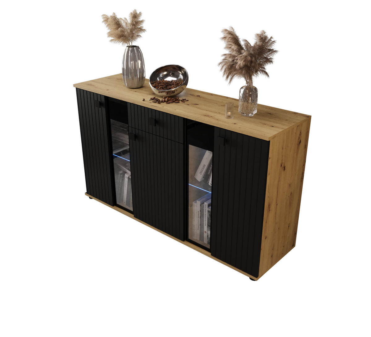 KOMMODE London LSMK LAMELE mit 3 Türen, Sideboard in Farbe: Schwarz|Braun, Größe: 140 x 80 x 40 cm - Schwarz/Braun, Holzwerkstoff (140/80/40cm) - O-Sofa