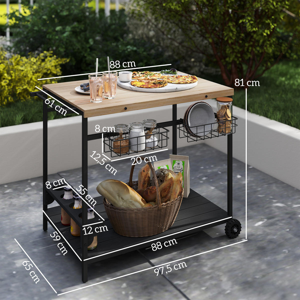 GARTENROLLWAGEN mit 2 Ebenen, mit Aufbewahrungskorb, mit Griff, Tanne, Natur - Fichtefarben, Holz/Metall (65/81/97.5cm) - Outsunny