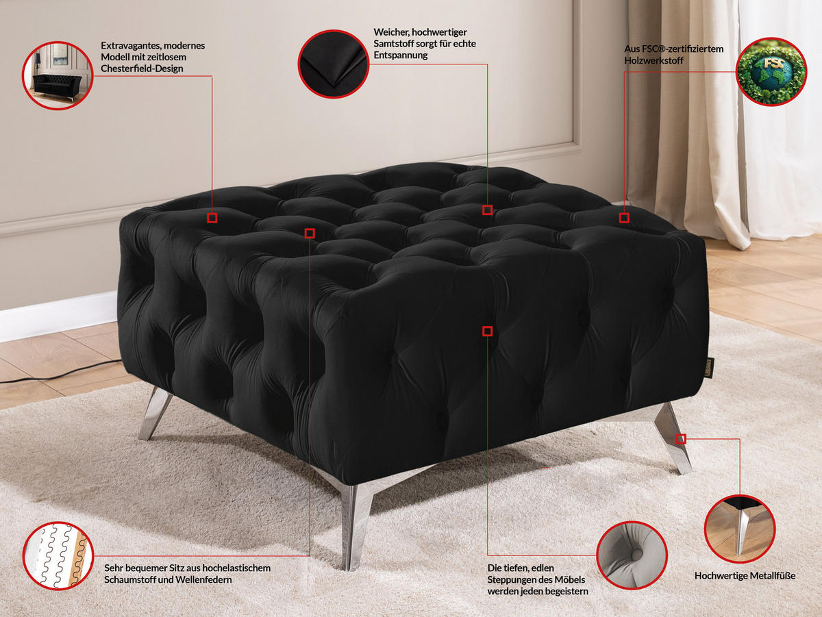HOCKER Chesterfield Whitby Schwarz Samt mit silbernen Füßen - Silberfarben/Schwarz, Holz/Textil (80/45/80cm) - S-Style Möbel