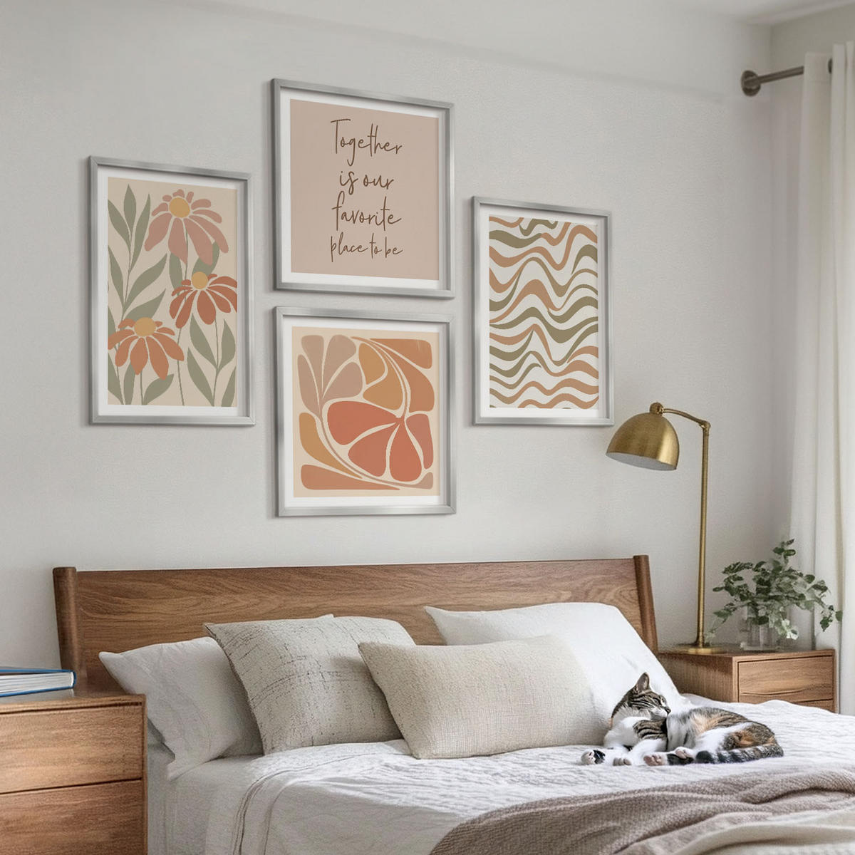 BILDER SET 4er Set - 50x50 cm & 40x60 cm Silberner Rahmen - Abstrakte Pastellblumen - Silberfarben, Kunststoff (50/50cm) - TULUP