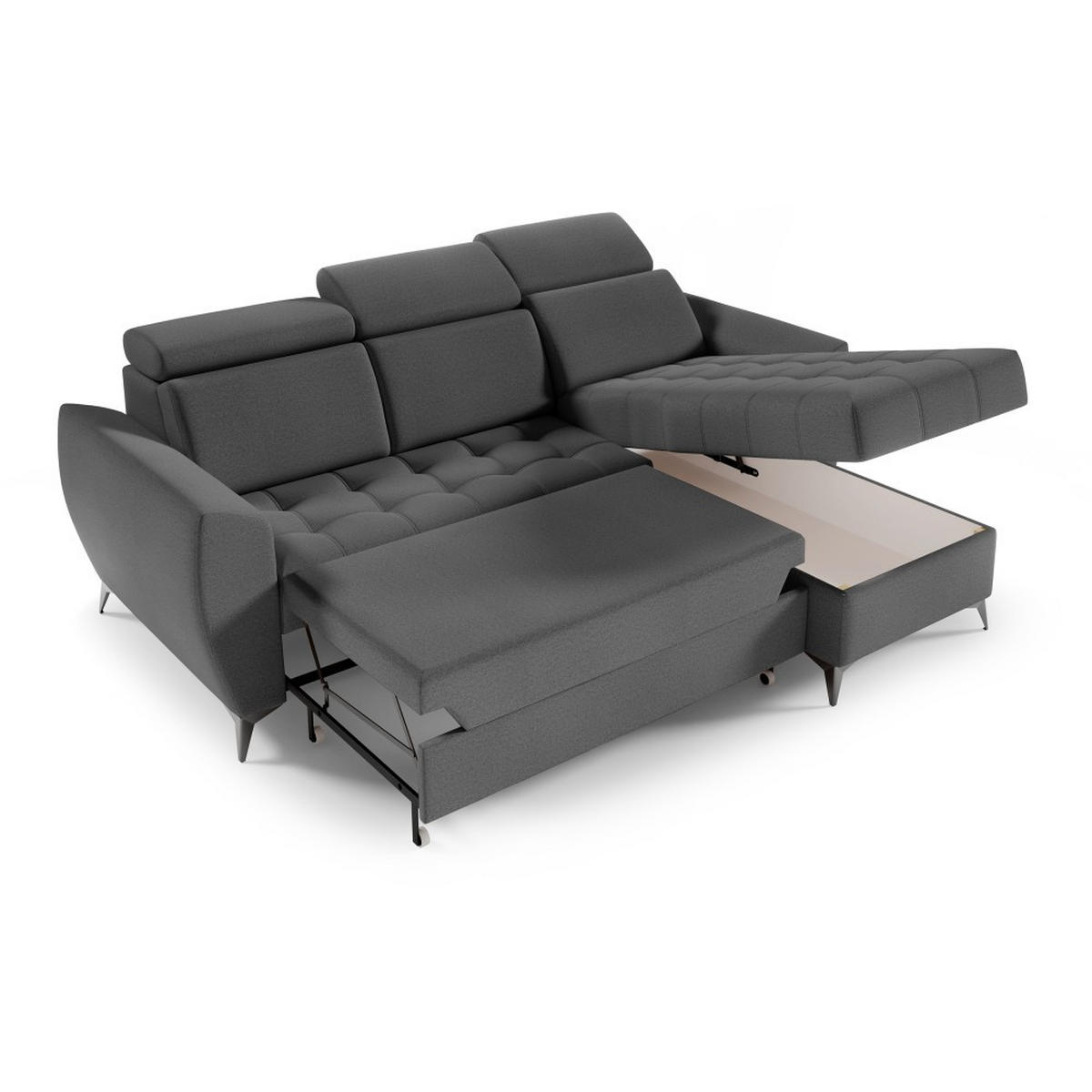 ECKSCHLAFSOFA Aurora I verstellbare Kopfstützen, Anthrazit - Anthrazit/Schwarz, Textil (235/176cm) - Beautysofa