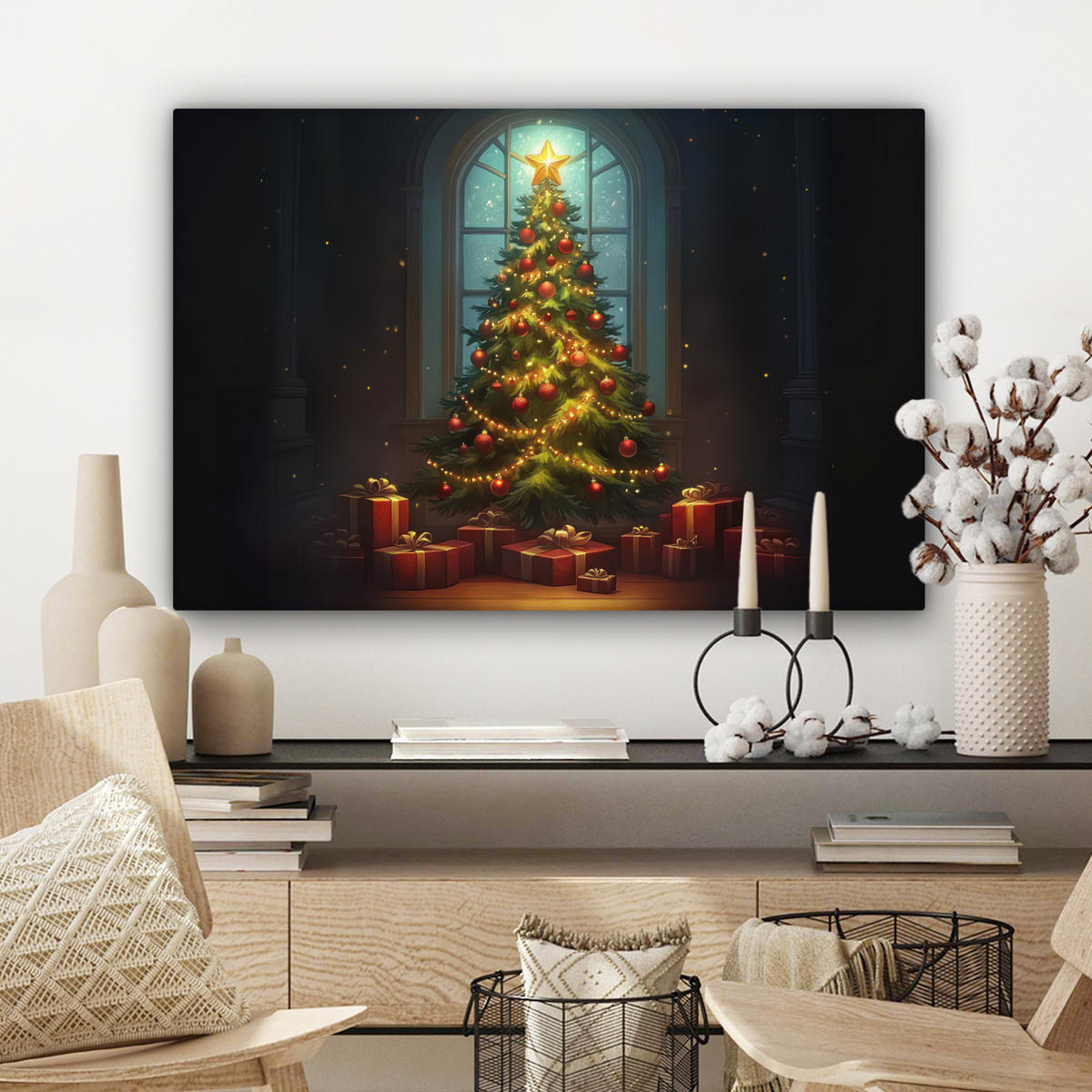 LEINWANDBILD Weihnachtsbaum - Geschenk - Winter Gemälde 60x40 cm - Grün, Textil (60/40cm) - MuchoWow