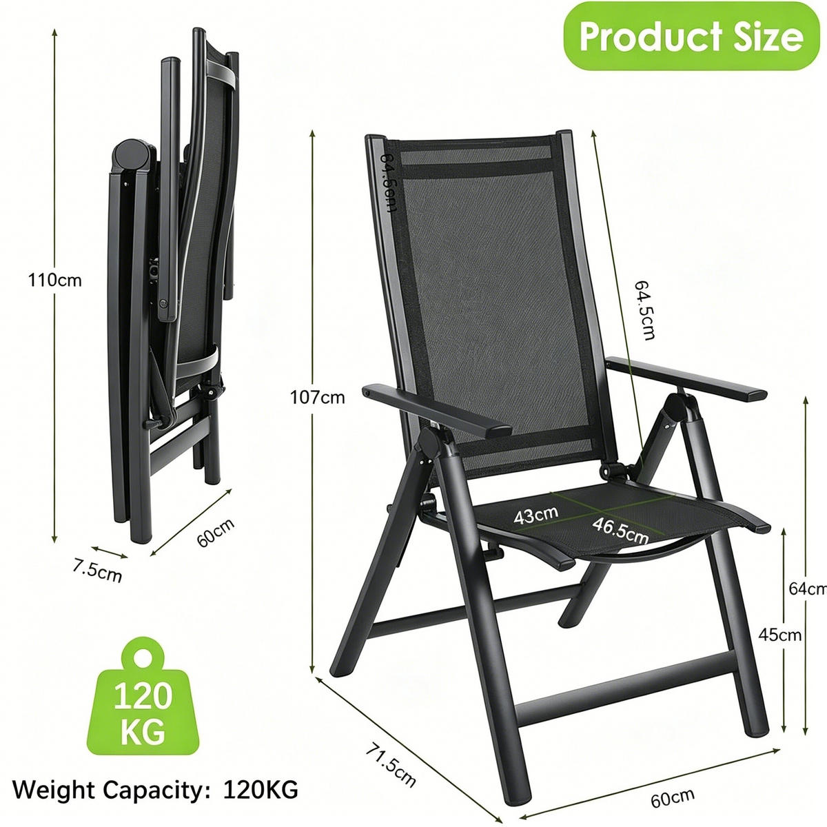 GARTENSTÜHLE 2er-Set – klappbar, Aluminium, verstellbar - Schwarz, Metall (71.5/107/60cm) - Coonoor